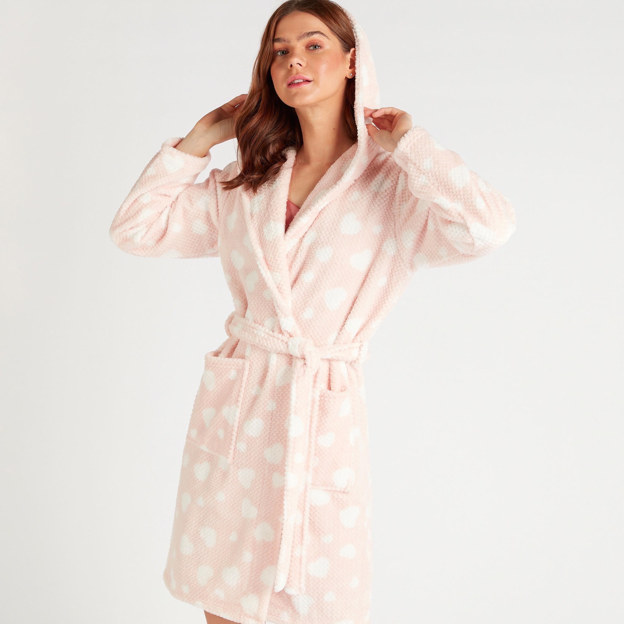 Textured Hooded Night Robe with Belt and Front Pockets-women-clothing-nightwear-robes-image-1