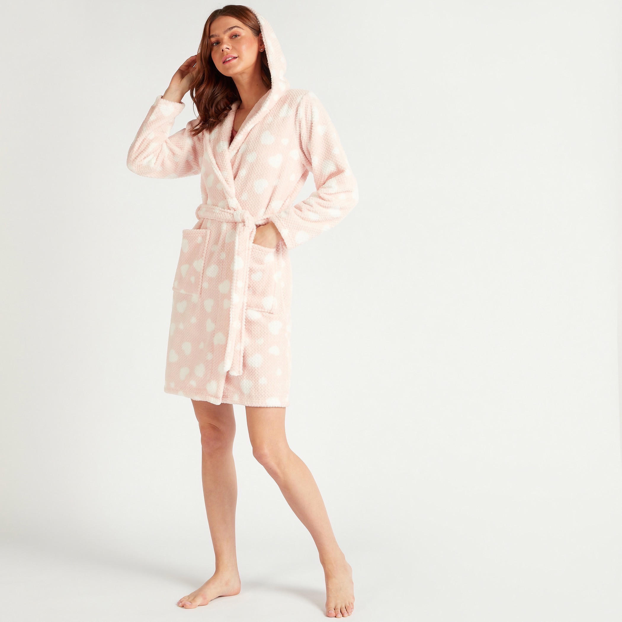 Textured Hooded Night Robe with Belt and Front Pockets-women-clothing-nightwear-robes-image-2