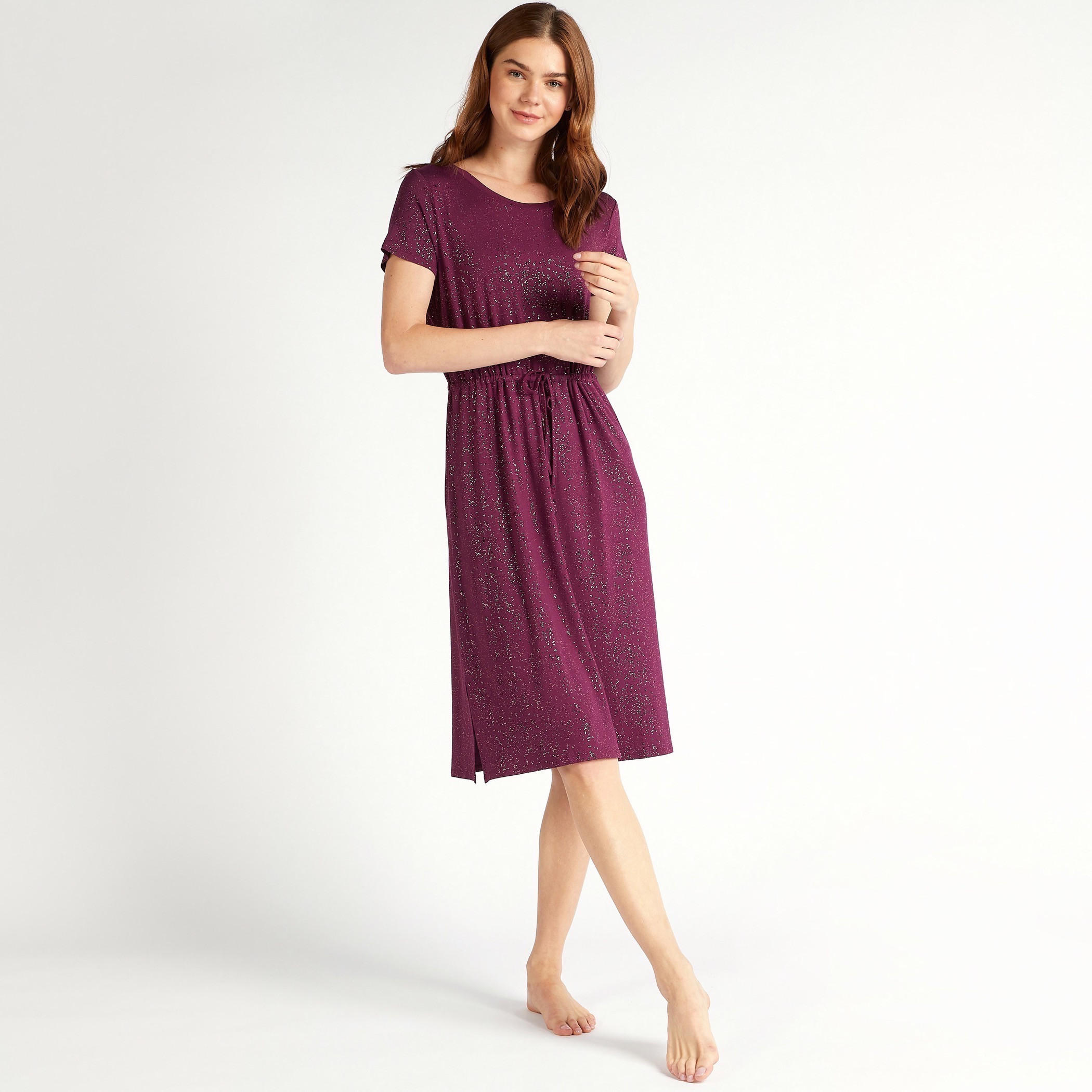 Printed Round Neck Gown with Short Sleeves and Tie-Up-women-clothing-nightwear-nighties-image-2