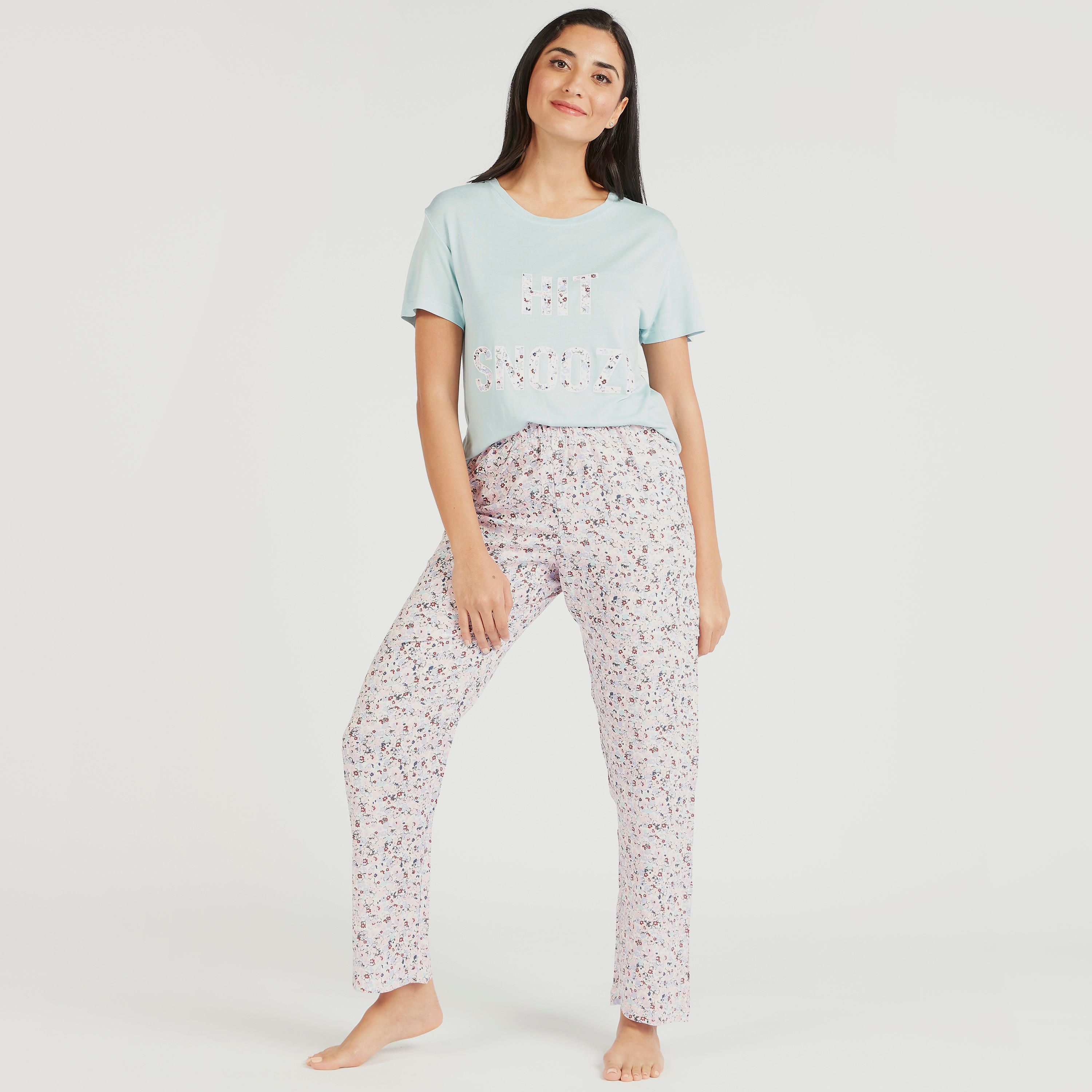 Printed Short Sleeves T-shirt and Pyjama Set-women-clothing-nightwear-pyjamas-longsets-image-1