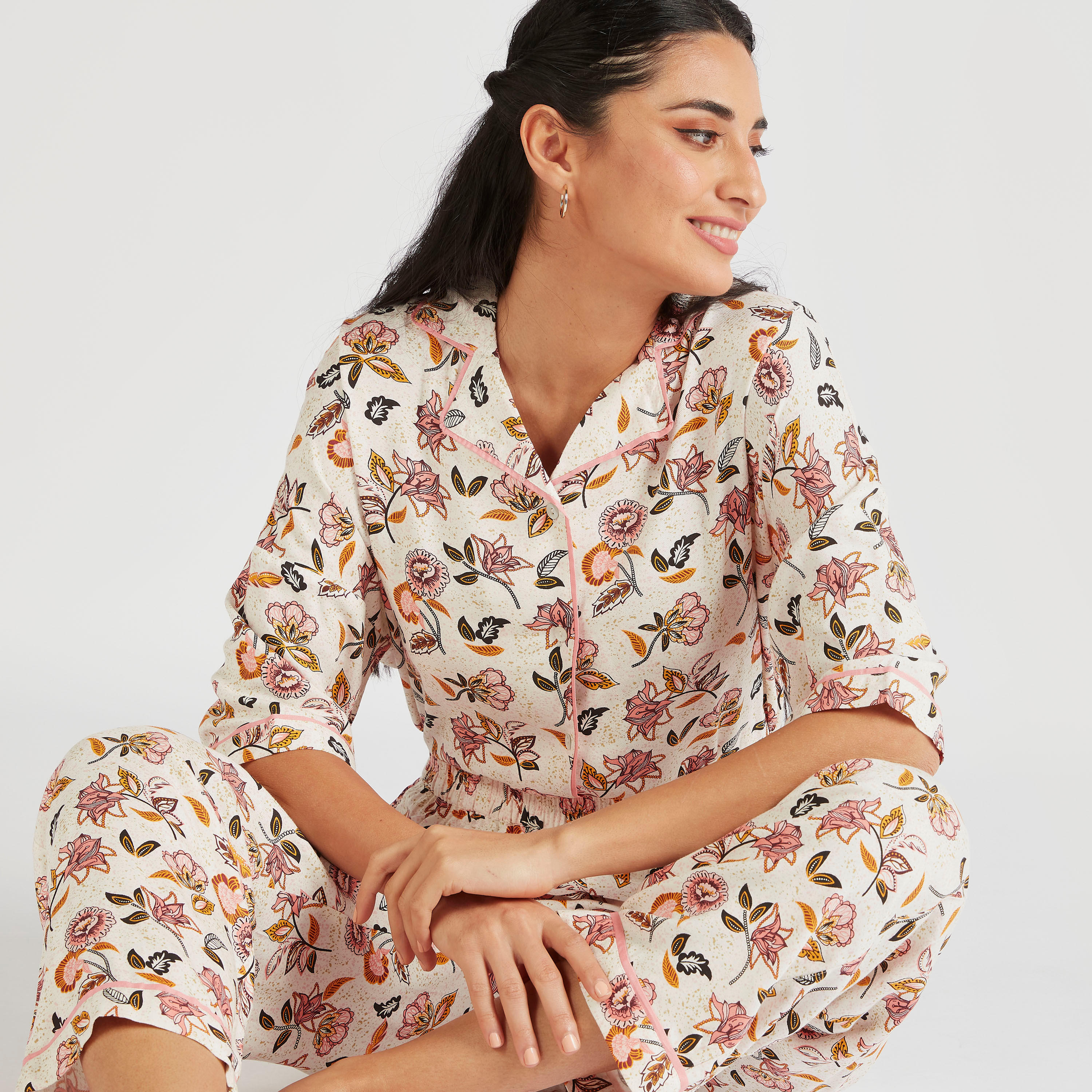 طقم بنطلون بيجاما وقميص بطبعات أزهار-women-clothing-nightwear-pyjamas-longsets-image-2