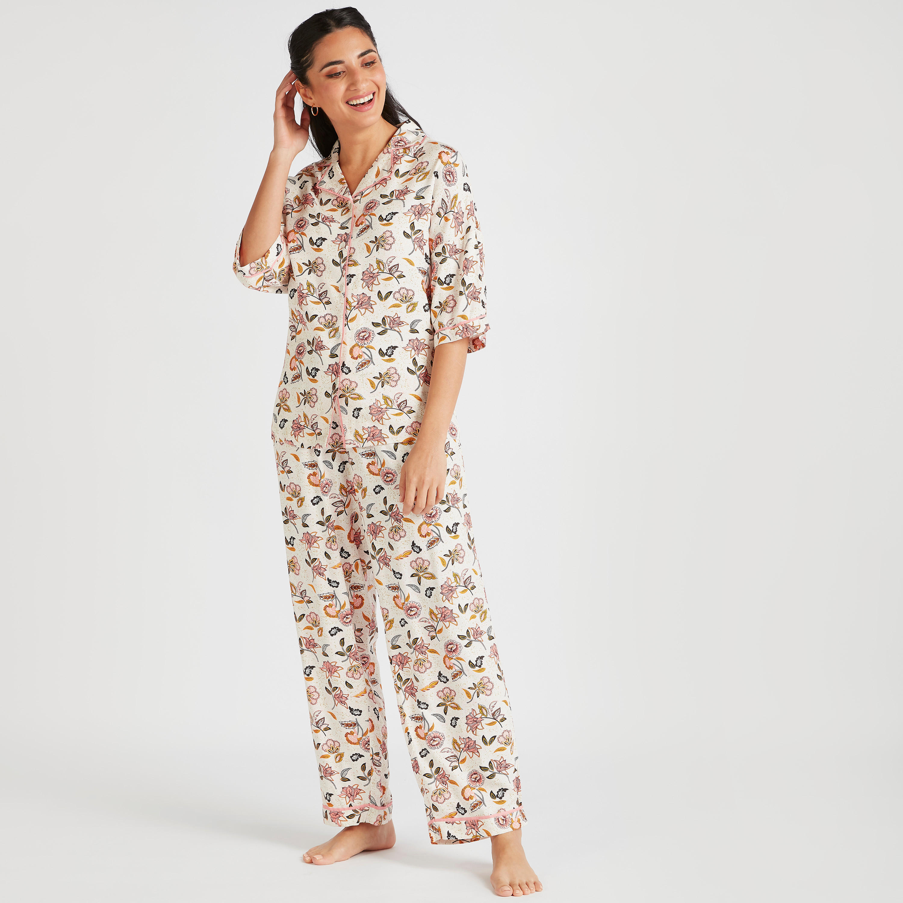 طقم بنطلون بيجاما وقميص بطبعات أزهار-women-clothing-nightwear-pyjamas-longsets-image-1