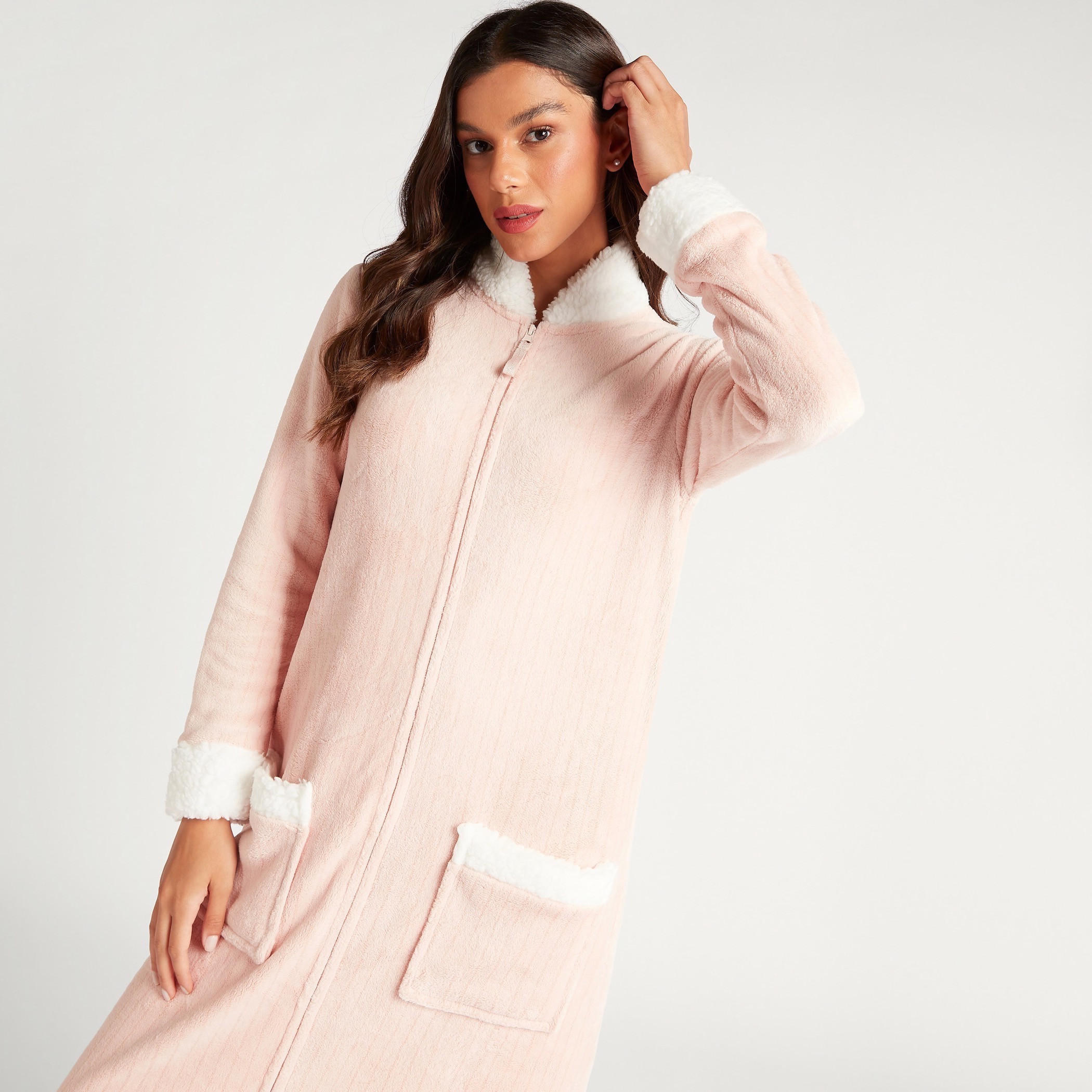 Textured Robe with Zip Closure and Pockets-women-clothing-nightwear-robes-image-2