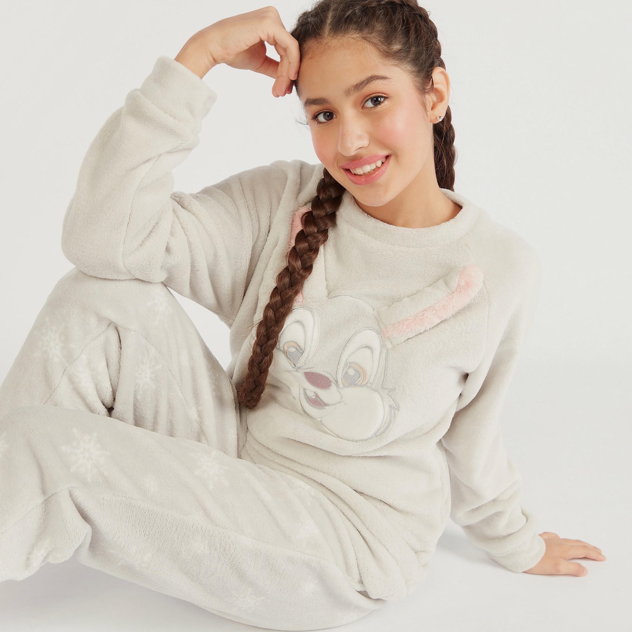 طقم بنطلون بيجاما وسويت شيرت بياقة ضيقة وزينة أرنب-women-clothing-nightwear-pyjamas-longsets-image-2