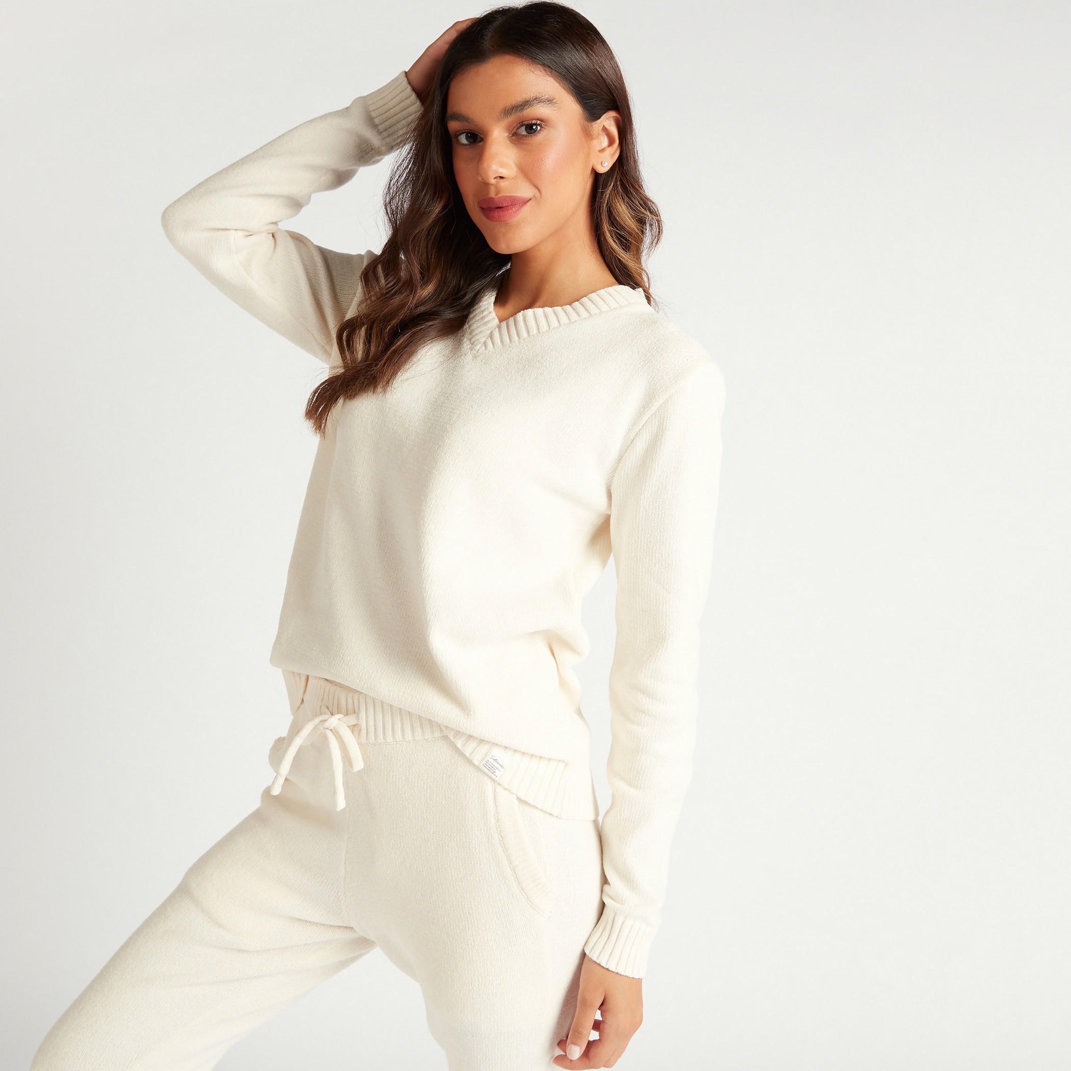 تيشيرت بارز الملمس بياقة V وأكمام طويلة-women-clothing-nightwear-pyjamas-tops-image-1
