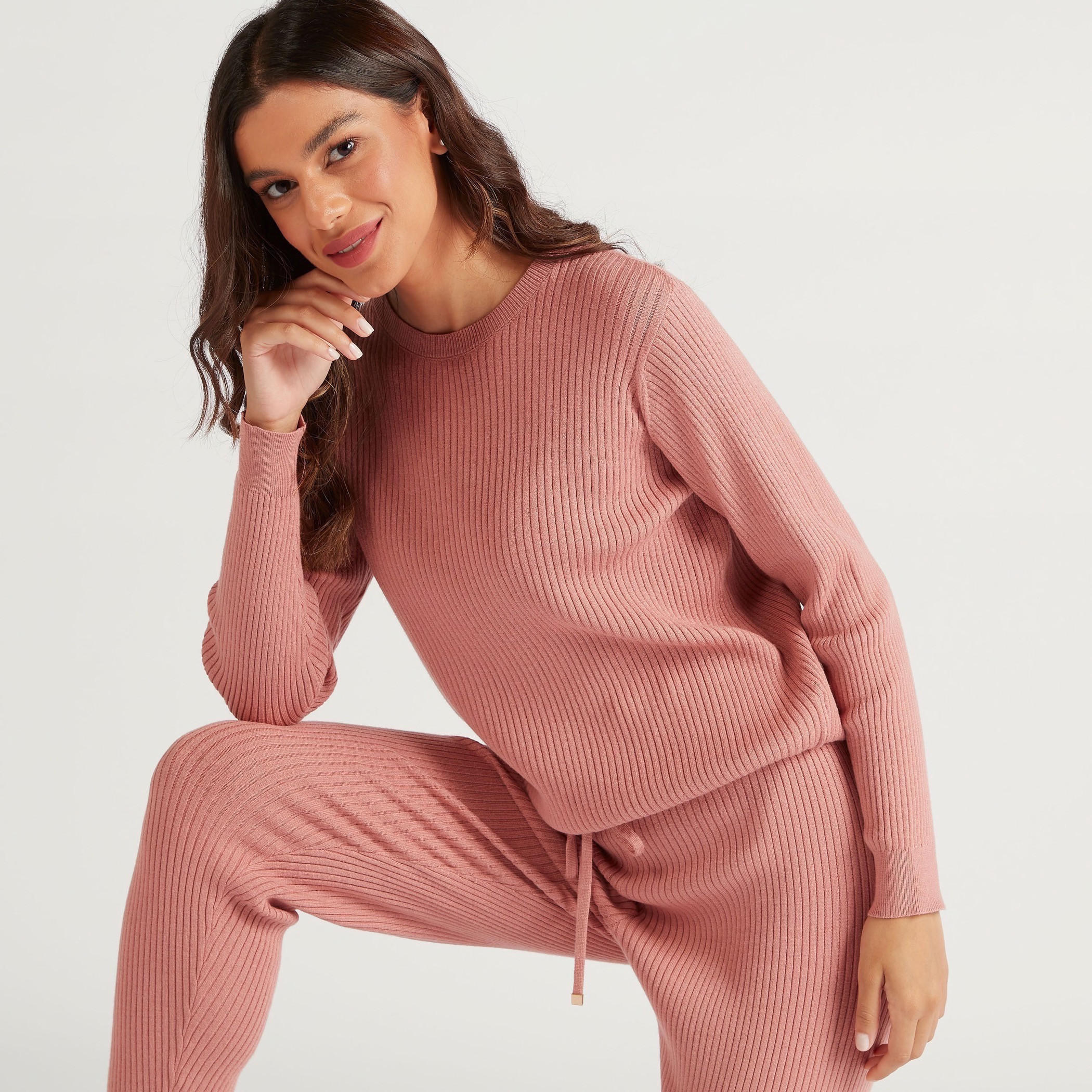 Textured Crew Neck T-shirt with Long Sleeves-women-clothing-nightwear-pyjamas-tops-image-1