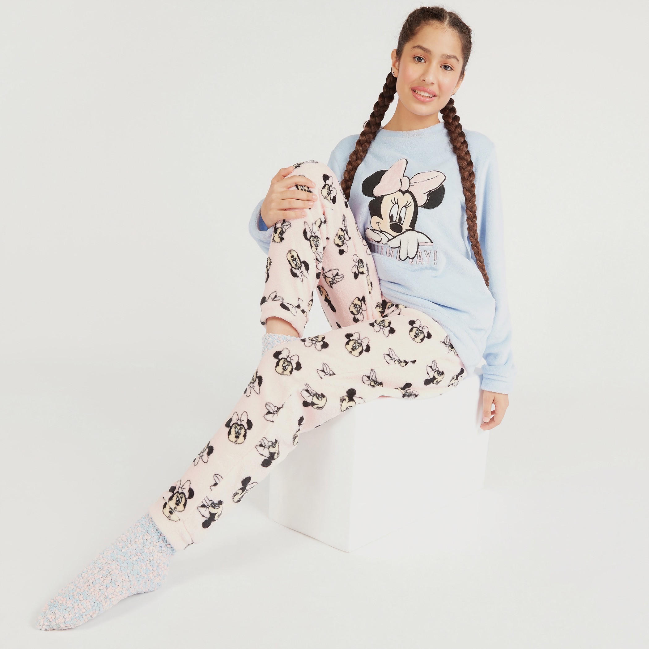 Minnie Mouse Textured Sweatshirt and Pyjama Set with Socks-women-clothing-nightwear-pyjamas-longsets-image-1