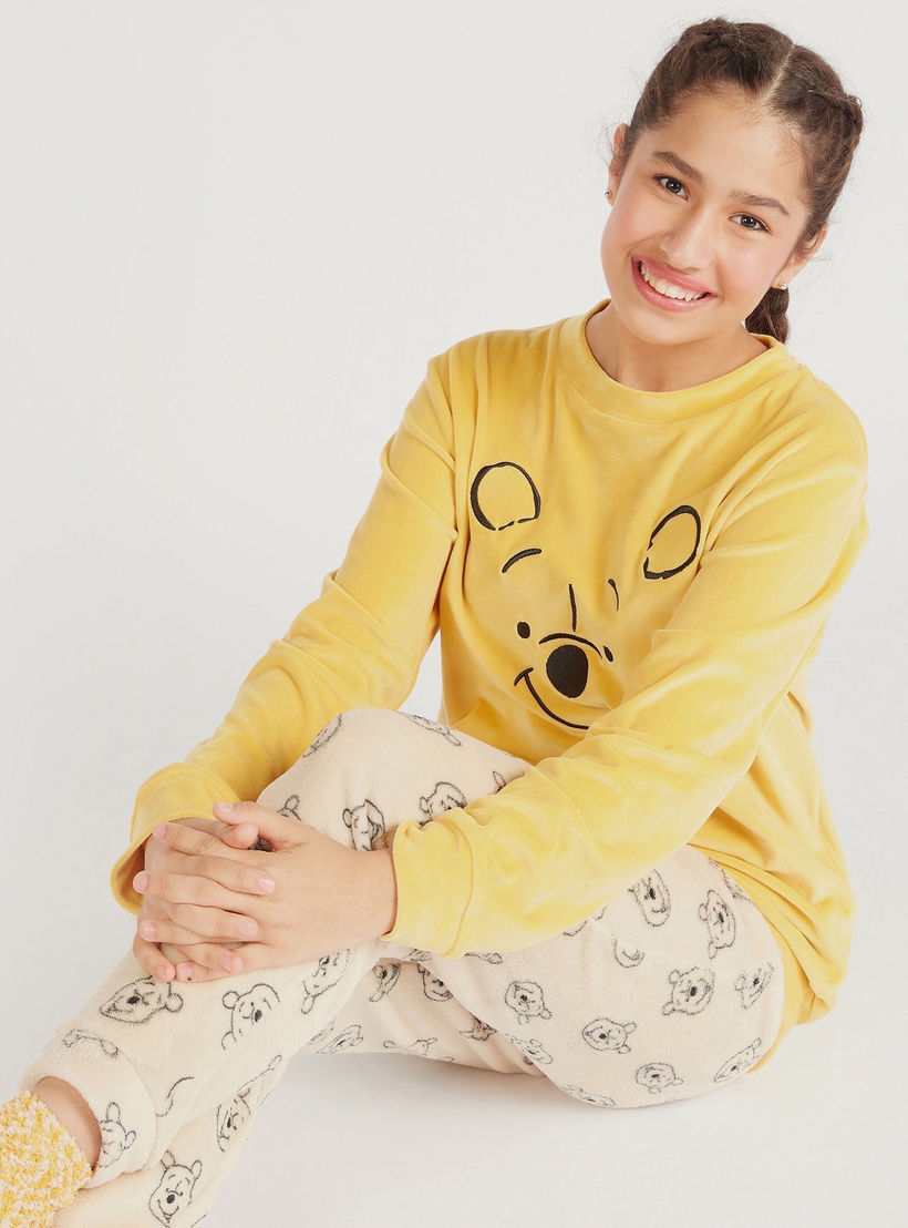 طقم بيجاما وسويت شيرت بارز الملمس بياقة ضيقة وطبعات ويني ذا بوه-women-clothing-nightwear-pyjamas-longsets-image-1