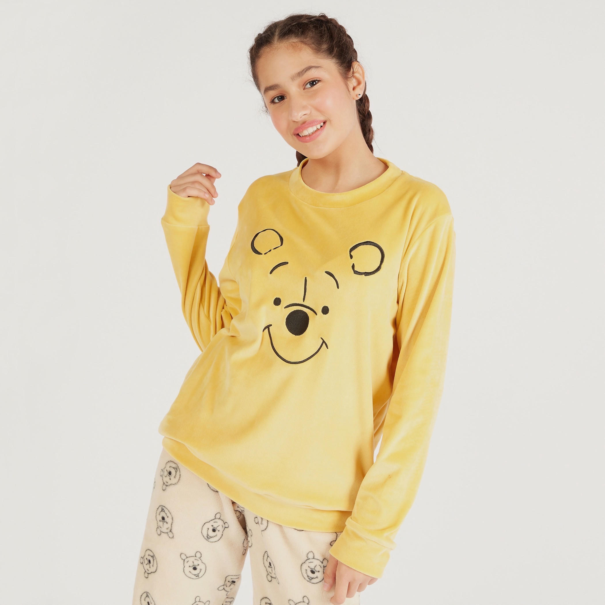 طقم بيجاما وسويت شيرت بارز الملمس بياقة ضيقة وطبعات ويني ذا بوه-women-clothing-nightwear-pyjamas-longsets-image-3