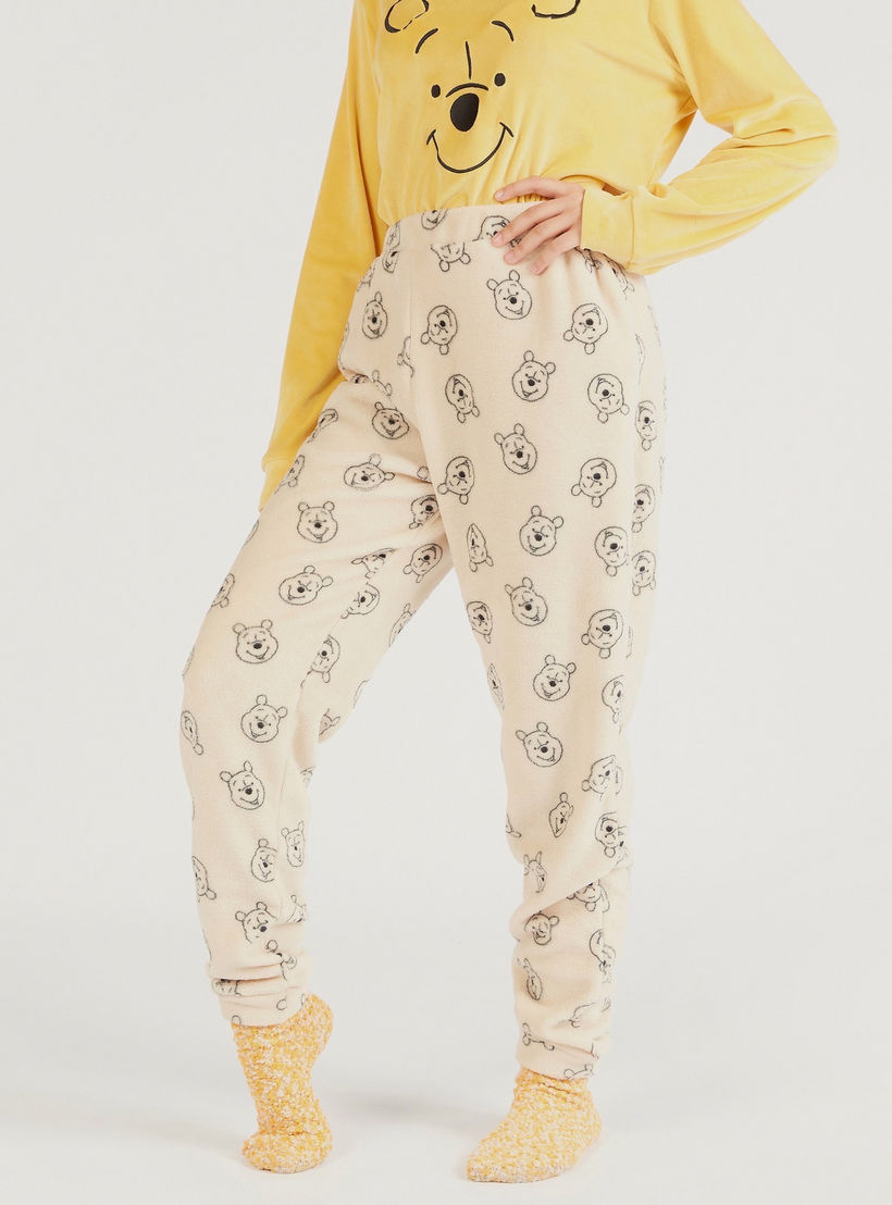 طقم بيجاما وسويت شيرت بارز الملمس بياقة ضيقة وطبعات ويني ذا بوه-women-clothing-nightwear-pyjamas-longsets-image-5