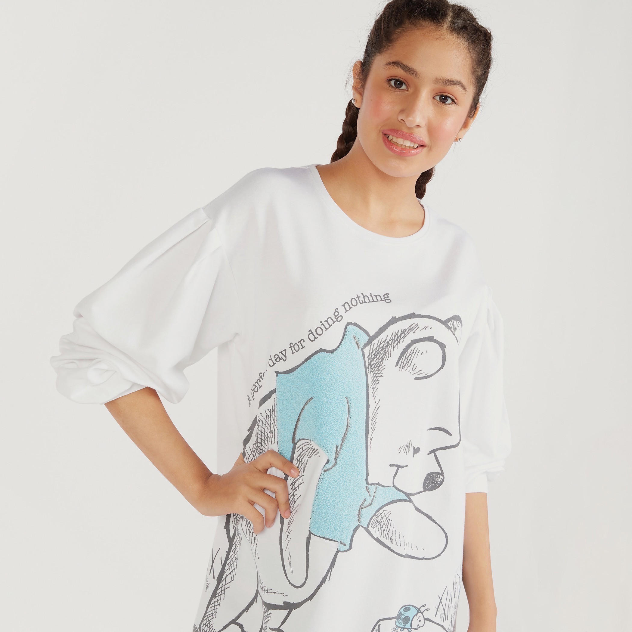 Printed Round Neck Sleepshirt with 3/4 Sleeves-women-clothing-nightwear-nighties-image-3