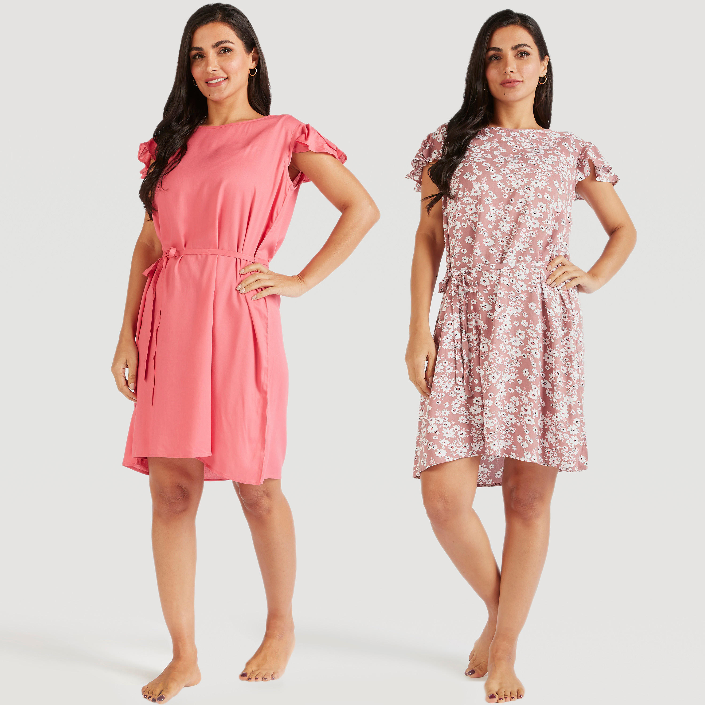 قميص نوم بأكمام كاب وخصر رباط وطبعات - طقم من قطعتين-women-clothing-nightwear-nighties-image-1