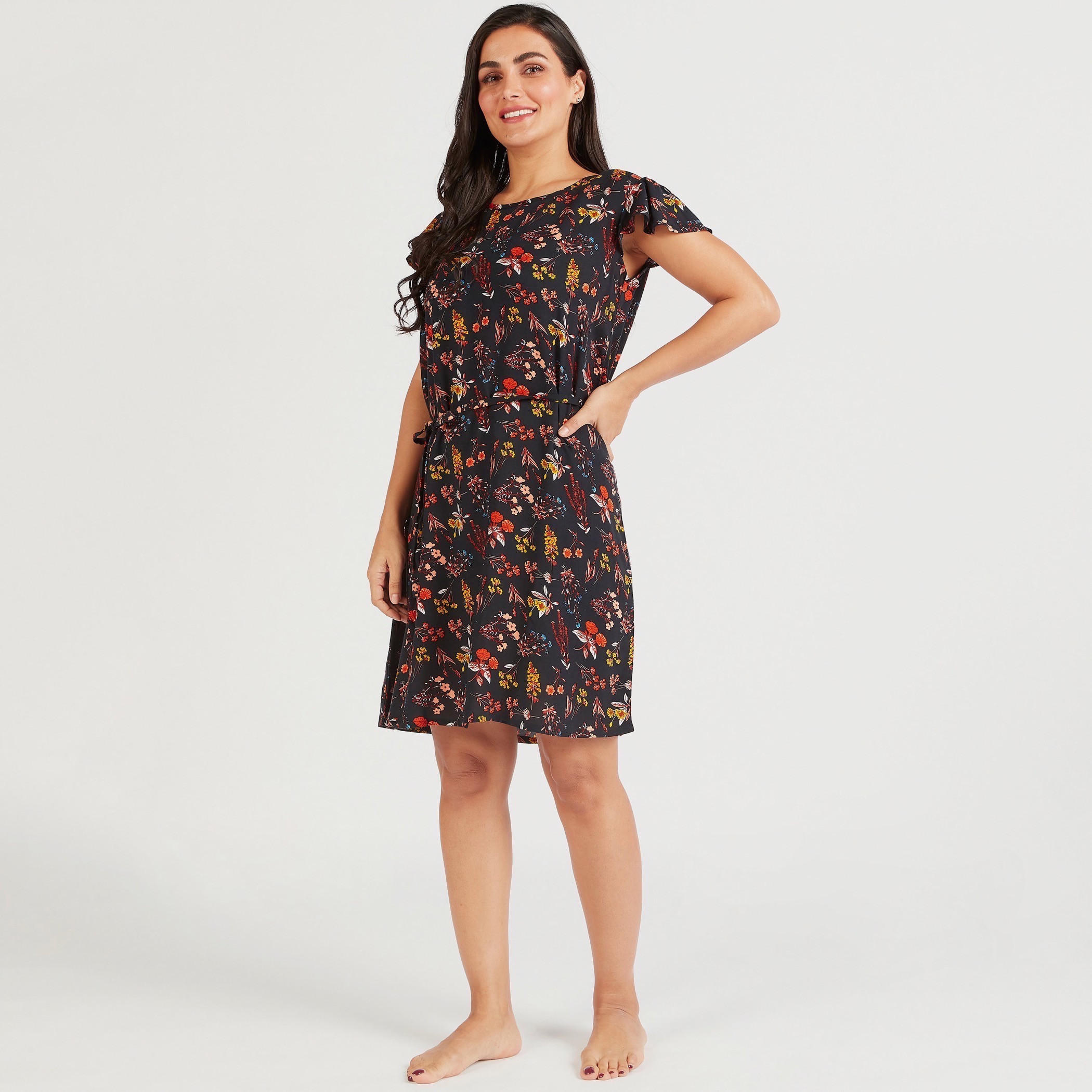 قميص نوم بأكمام كاب وياقة مستديرة وطبعات - طقم من قطعتين-women-clothing-nightwear-nighties-image-1