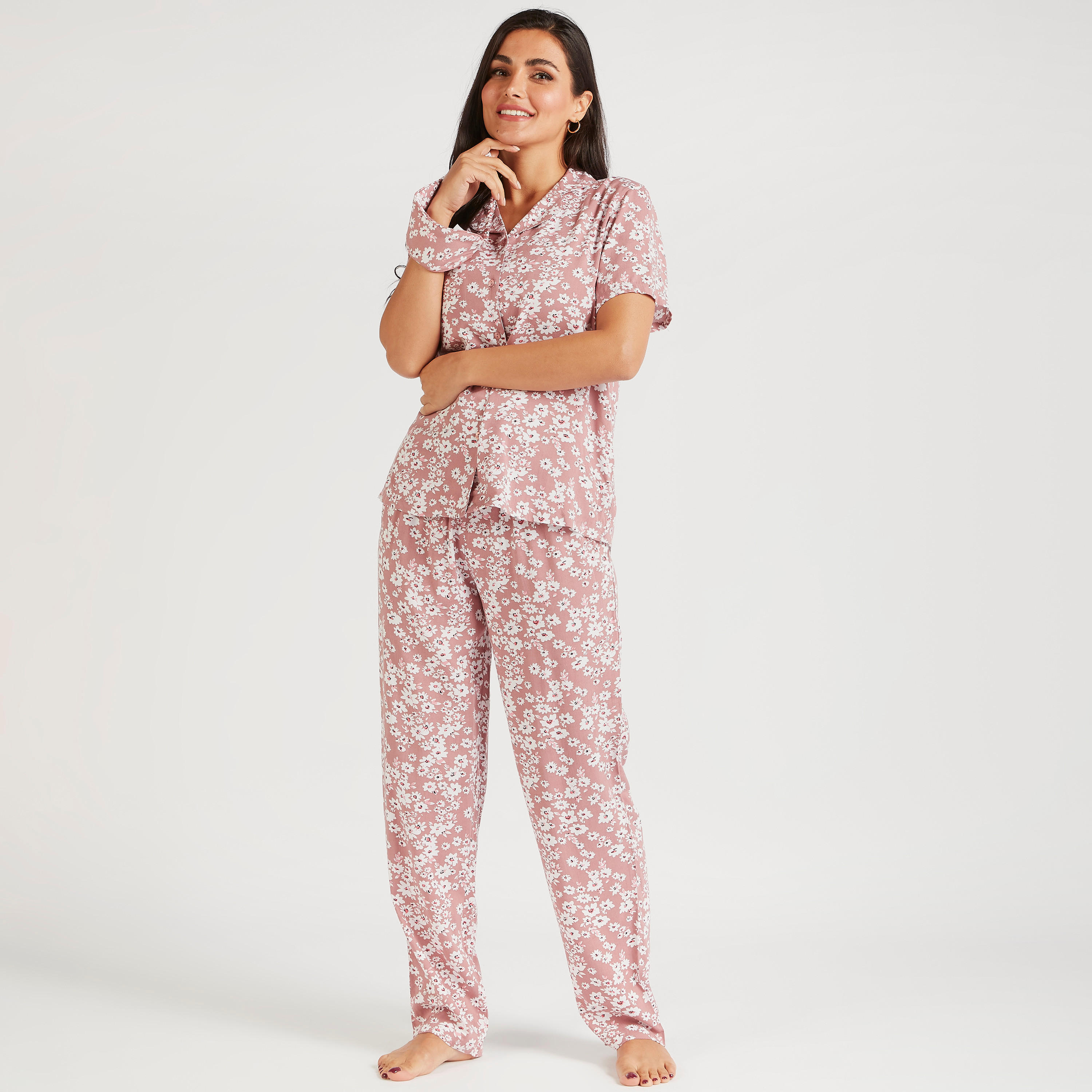طقم بنطلون بيجاما وقميص بطبعات أزهار مع قناع عيون - 3 قطع-women-clothing-nightwear-pyjamas-longsets-image-2