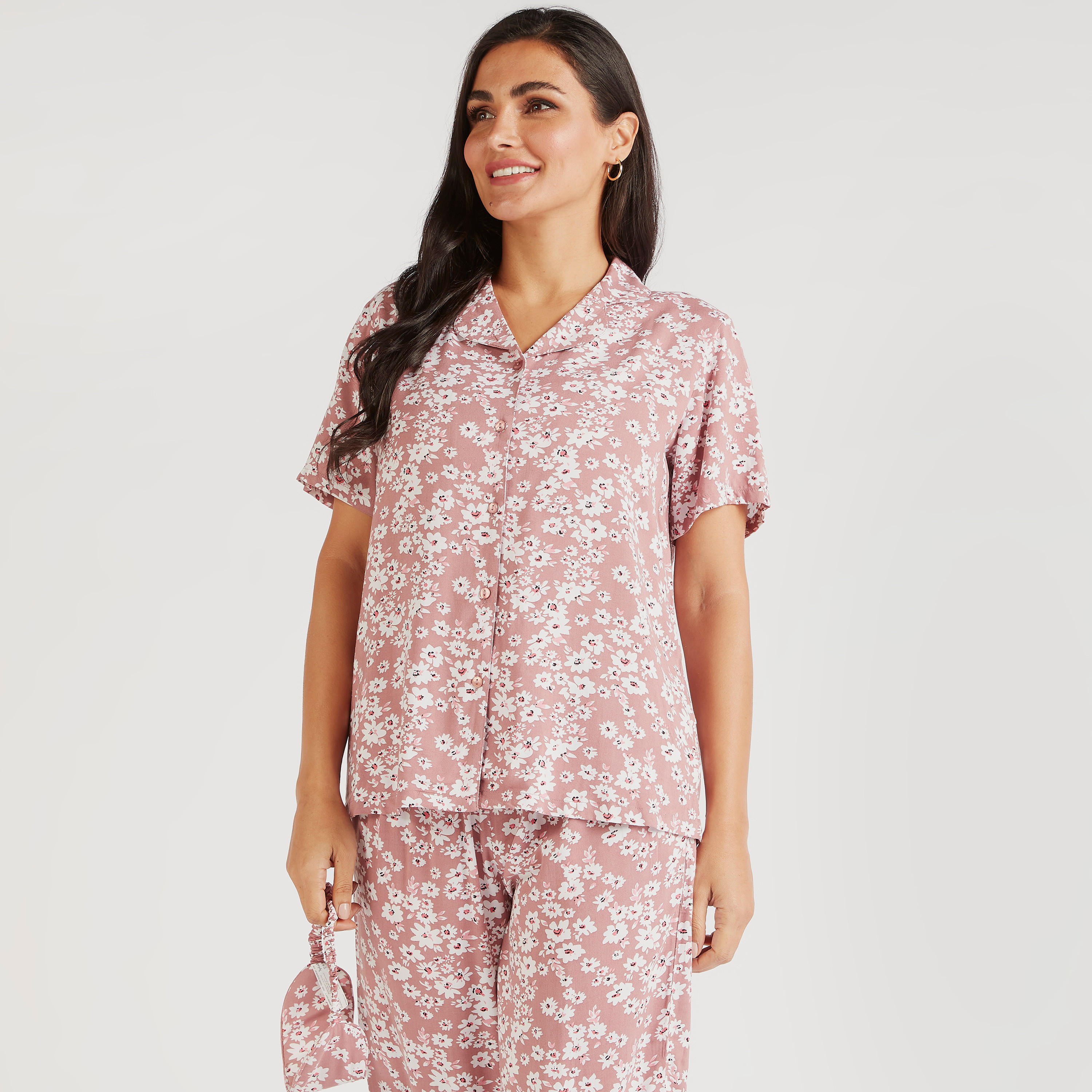 طقم بنطلون بيجاما وقميص بطبعات أزهار مع قناع عيون - 3 قطع-women-clothing-nightwear-pyjamas-longsets-image-3