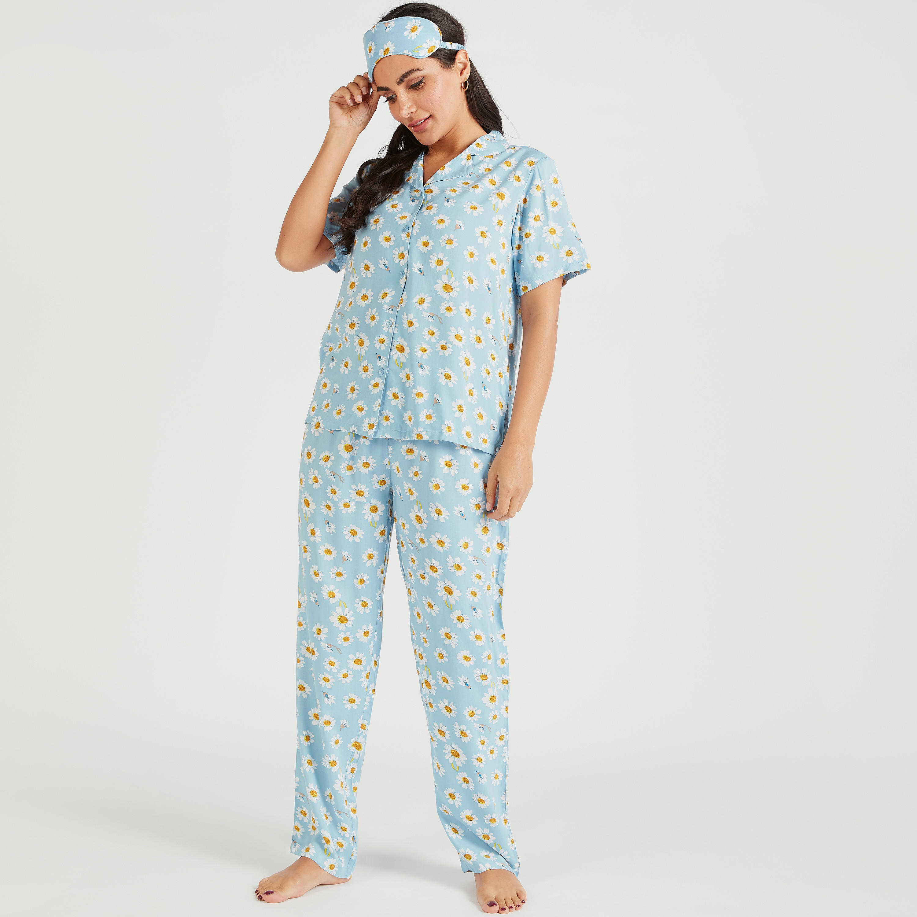 طقم بنطلون بيجاما وقميص بأكمام قصيرة وطبعات أزهار - 3 قطع-women-clothing-nightwear-pyjamas-longsets-image-2