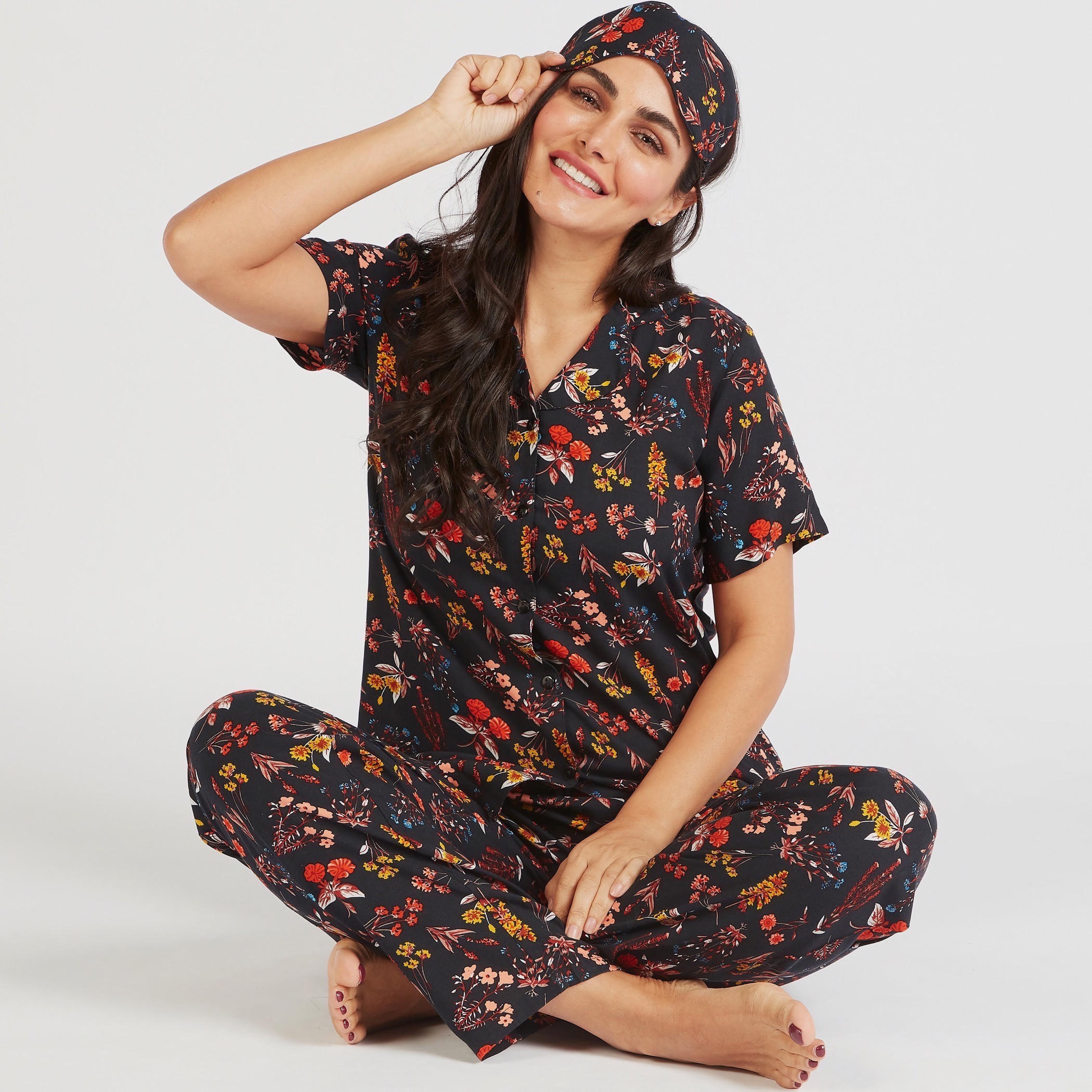 طقم بنطلون بيجاما وقميص بطبعات زهرية مع قناع للعين-women-clothing-nightwear-pyjamas-longsets-image-1