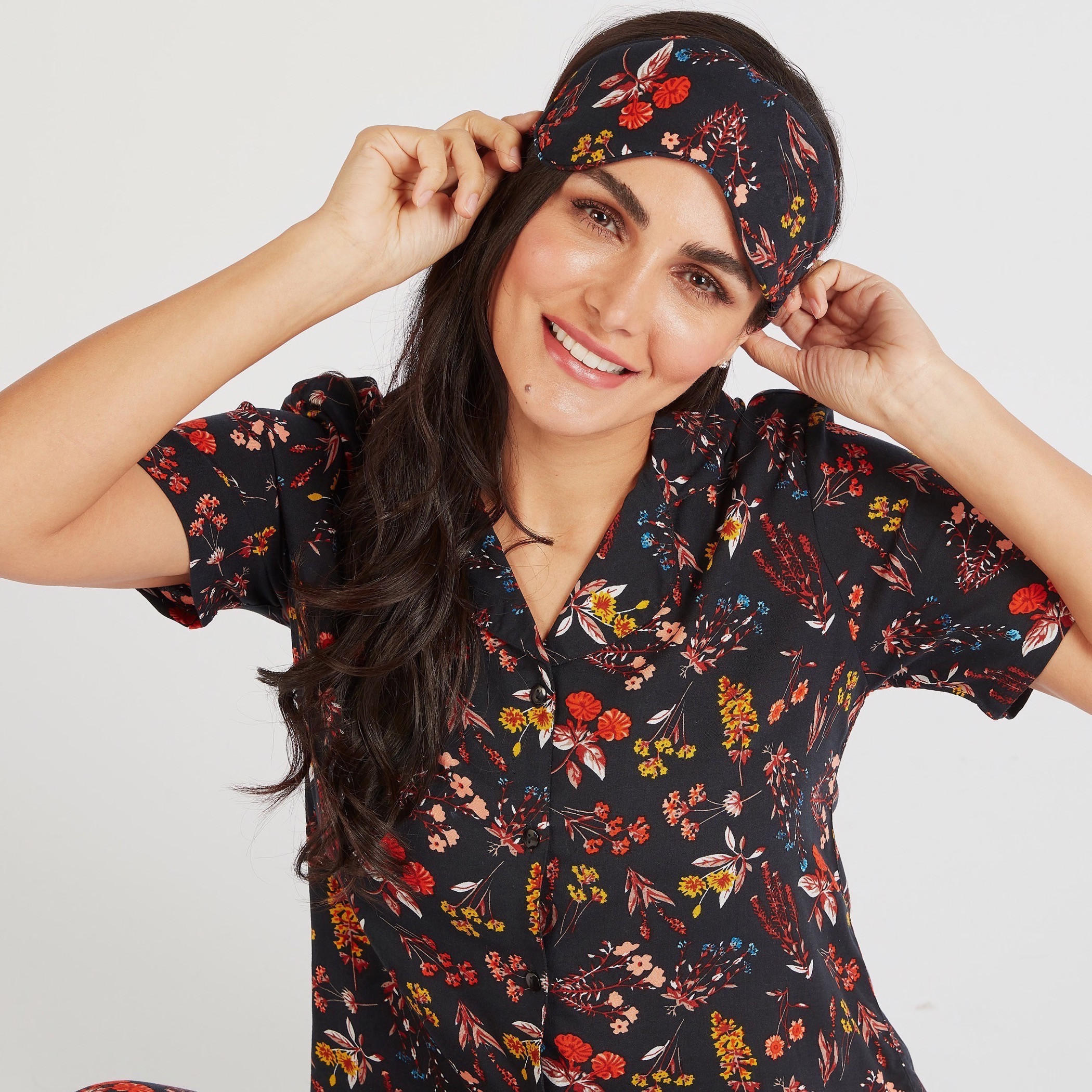 طقم بنطلون بيجاما وقميص بطبعات زهرية مع قناع للعين-women-clothing-nightwear-pyjamas-longsets-image-5