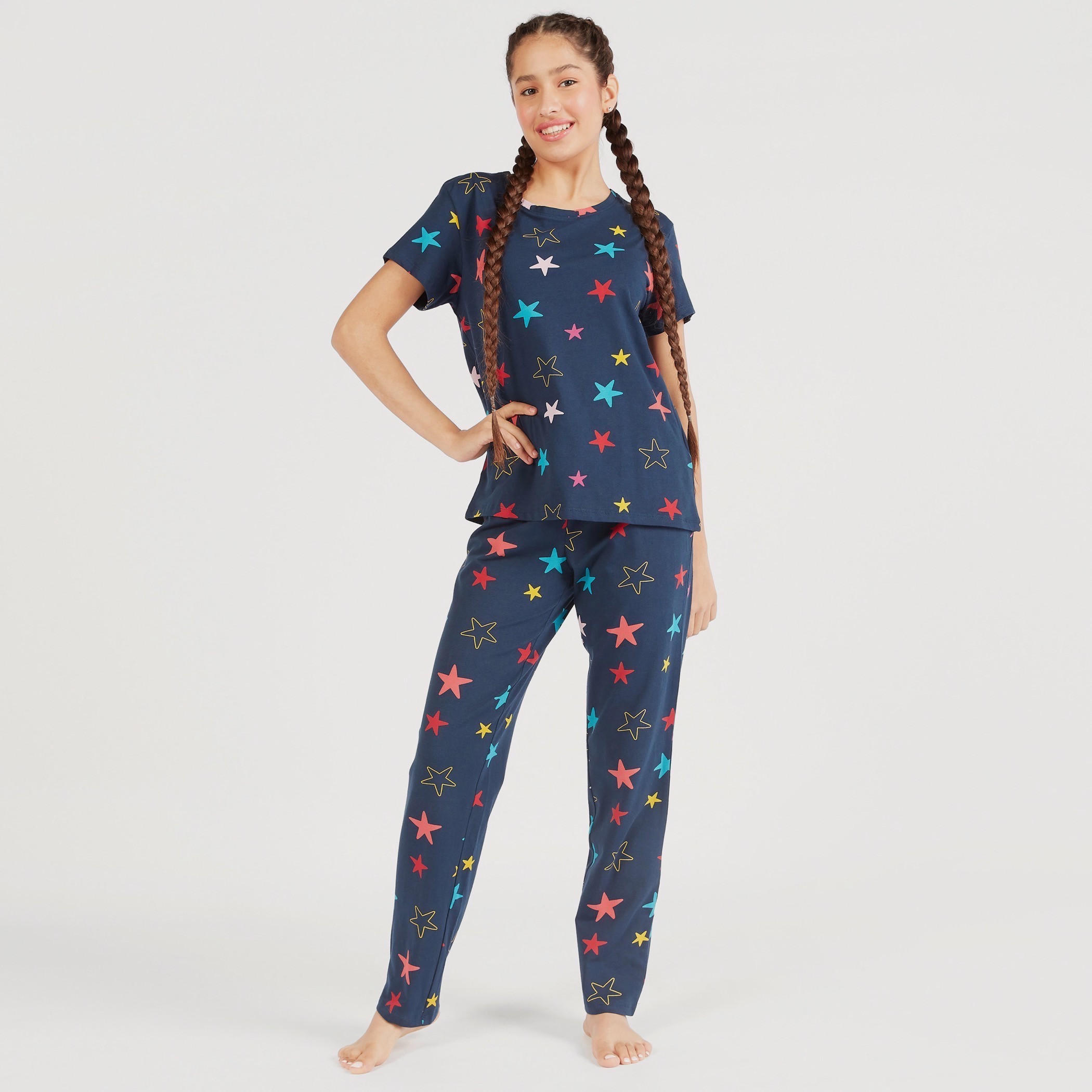 طقم بنطلون بيجاما وتيشيرت بياقة مستديرة وطبعات مع قناع عيون-women-clothing-nightwear-pyjamas-longsets-image-2