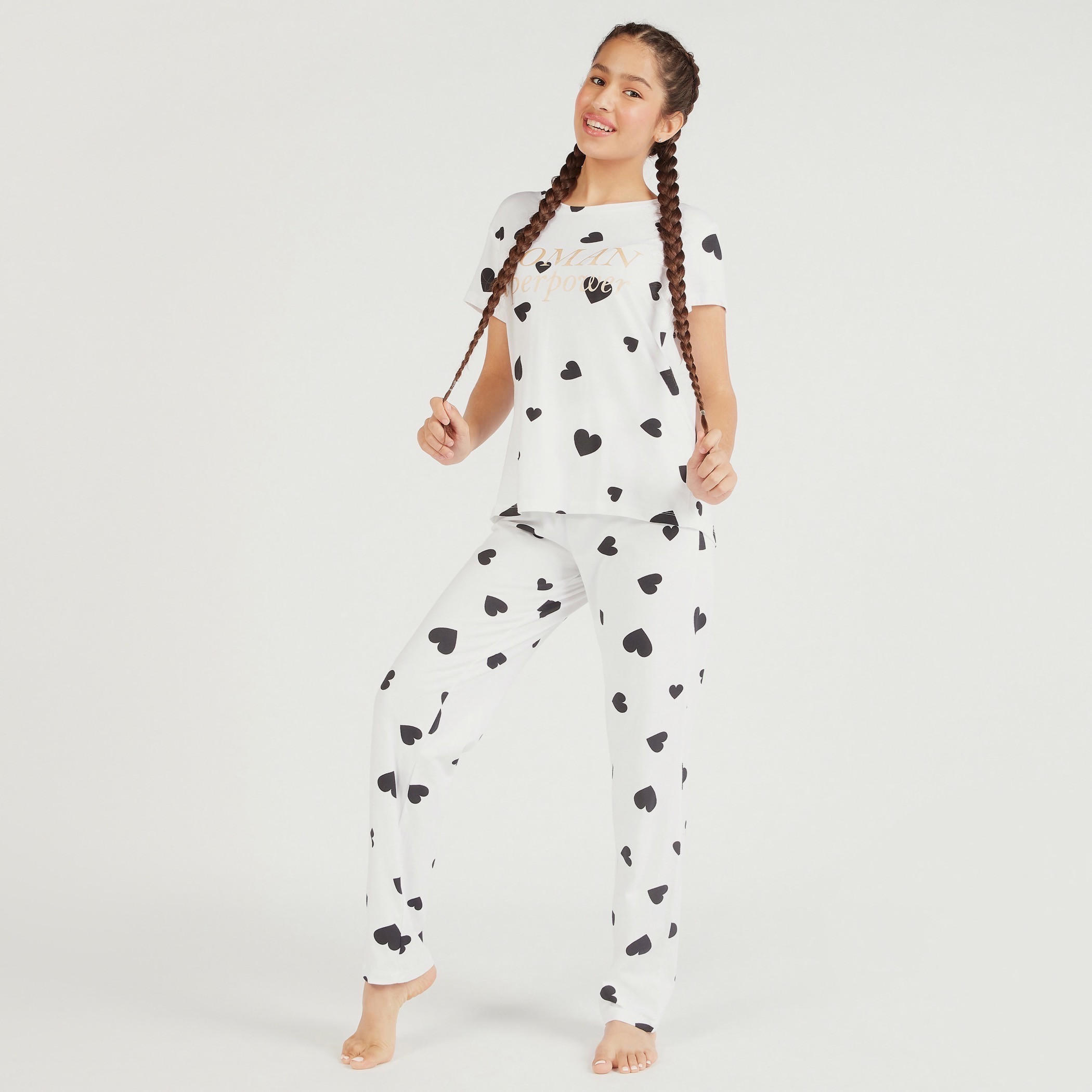 طقم بنطلون بيجاما وتيشيرت بياقة مستديرة وطبعات وقناع عيون-women-clothing-nightwear-pyjamas-longsets-image-2