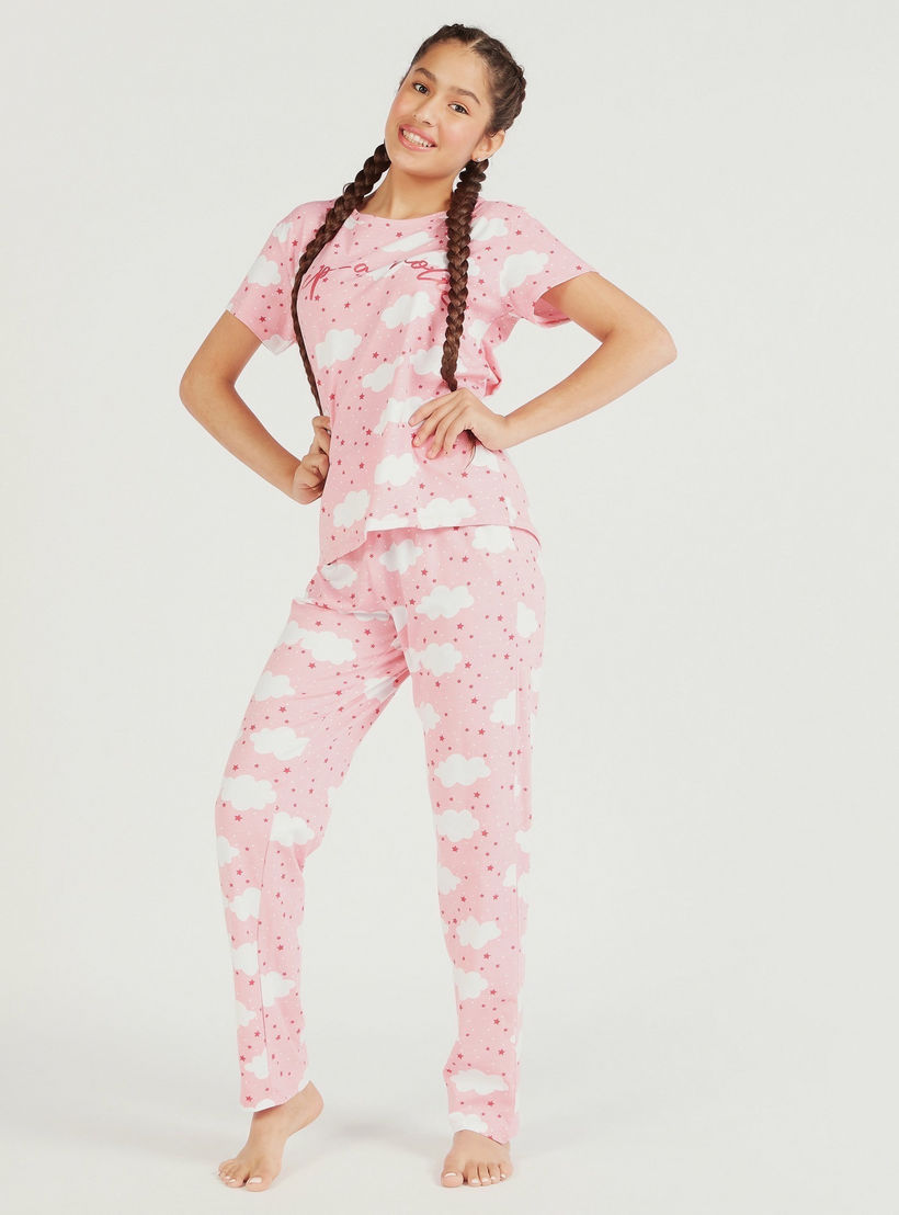 طقم بنطلون بيجاما وتيشيرت بياقة مستديرة وطبعات مع قناع عيون-women-clothing-nightwear-pyjamas-longsets-image-2