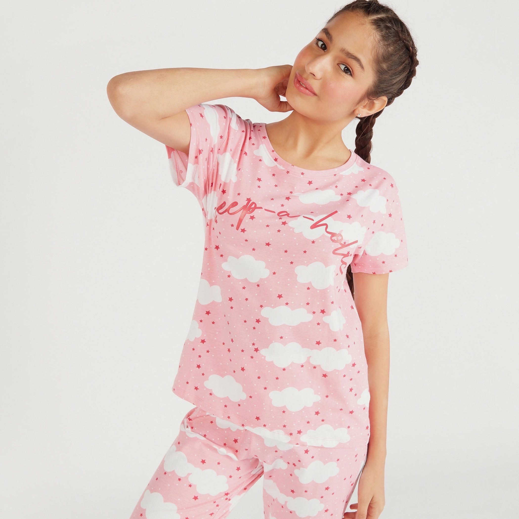 طقم بنطلون بيجاما وتيشيرت بياقة مستديرة وطبعات مع قناع عيون-women-clothing-nightwear-pyjamas-longsets-image-3
