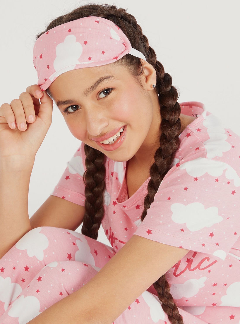 طقم بنطلون بيجاما وتيشيرت بياقة مستديرة وطبعات مع قناع عيون-women-clothing-nightwear-pyjamas-longsets-image-5