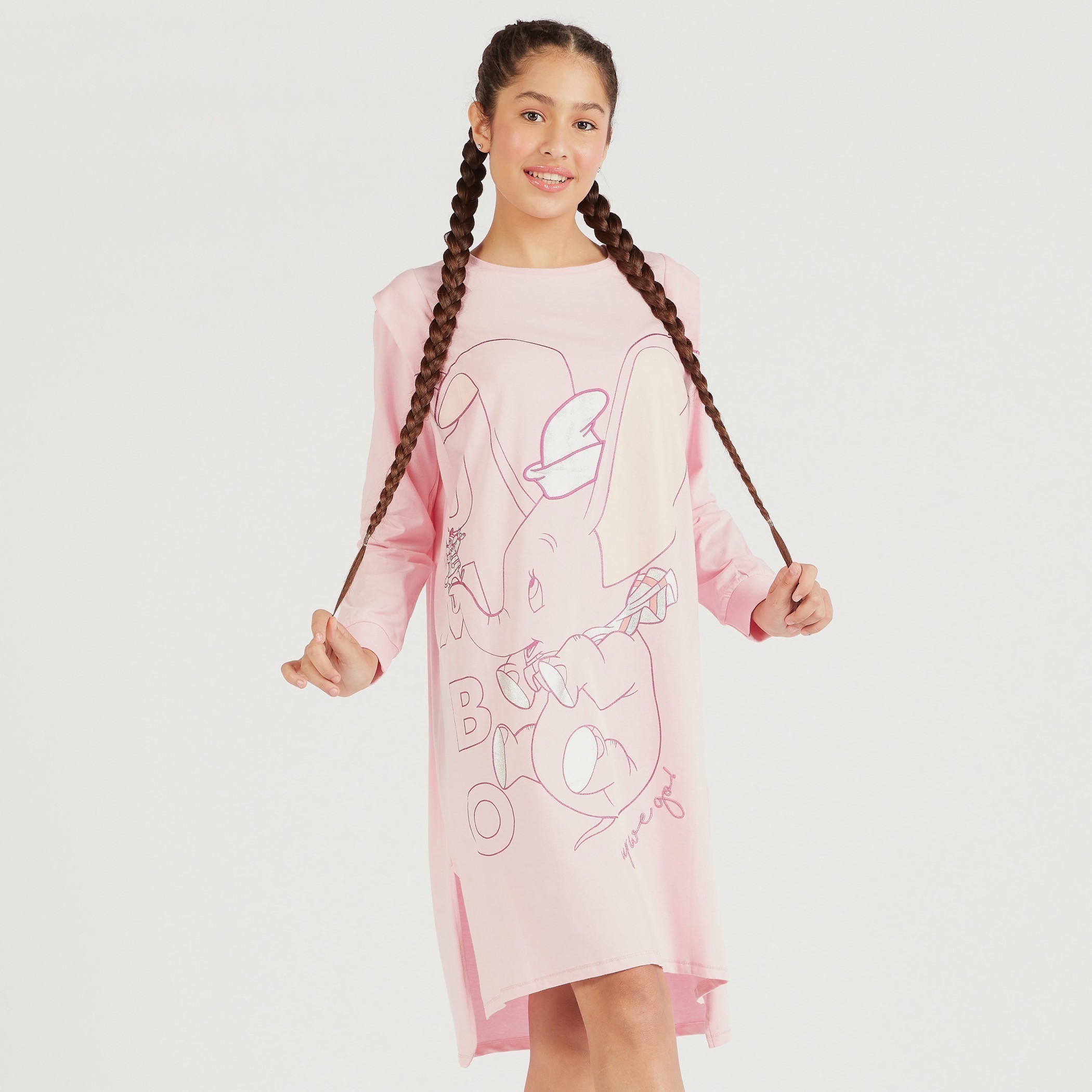 Dumbo Print Crew Neck Sleepshirt with Long Sleeves-women-clothing-nightwear-nighties-image-1