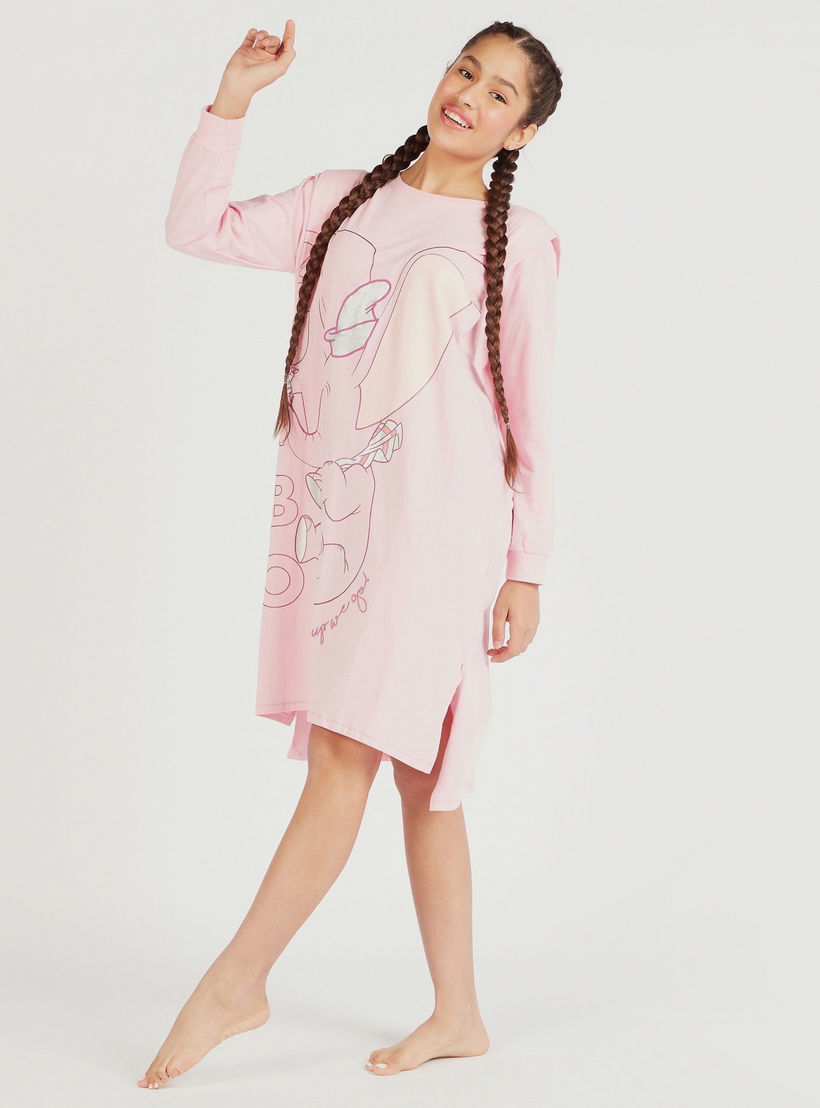 Dumbo Print Crew Neck Sleepshirt with Long Sleeves-women-clothing-nightwear-nighties-image-2
