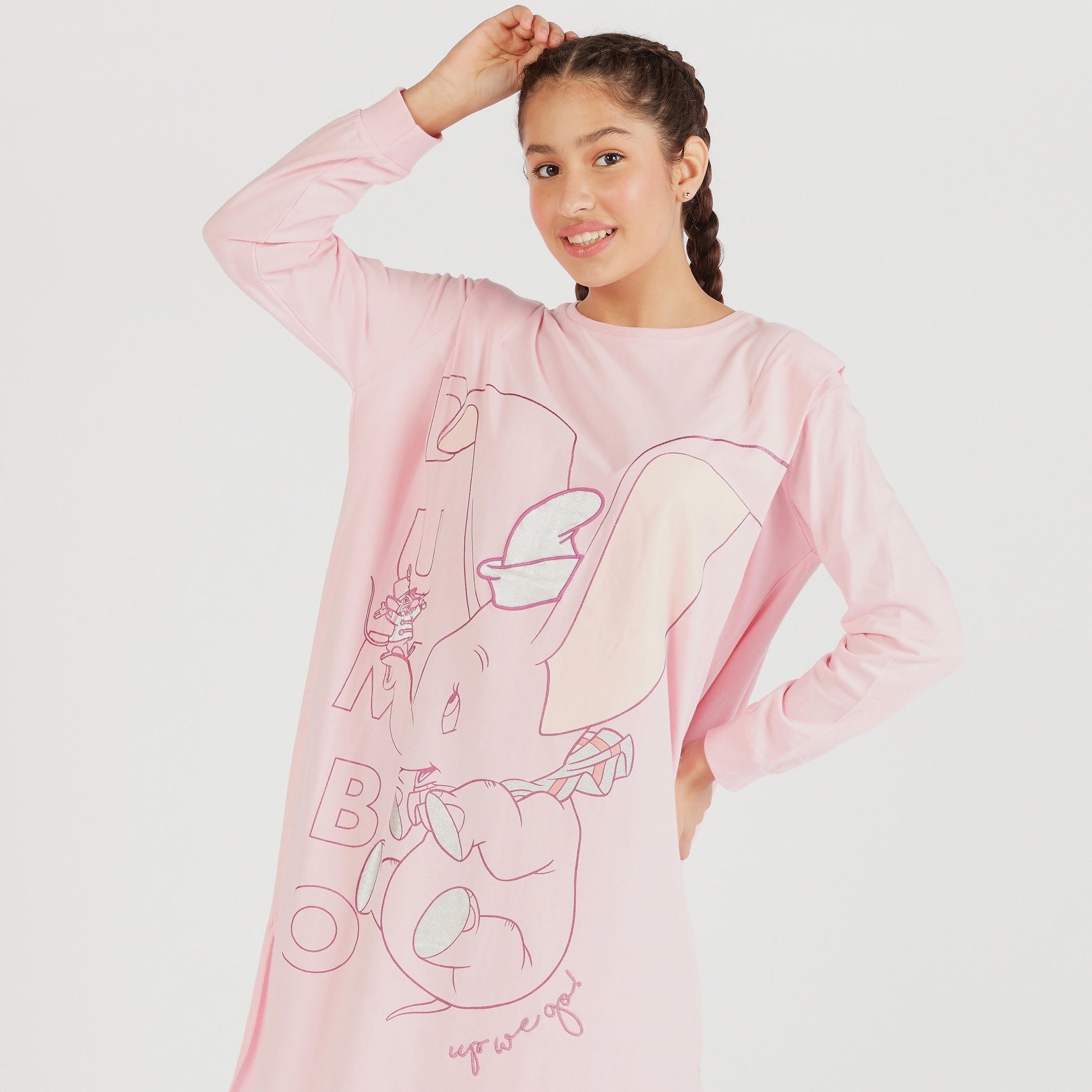 Dumbo Print Crew Neck Sleepshirt with Long Sleeves-women-clothing-nightwear-nighties-image-3