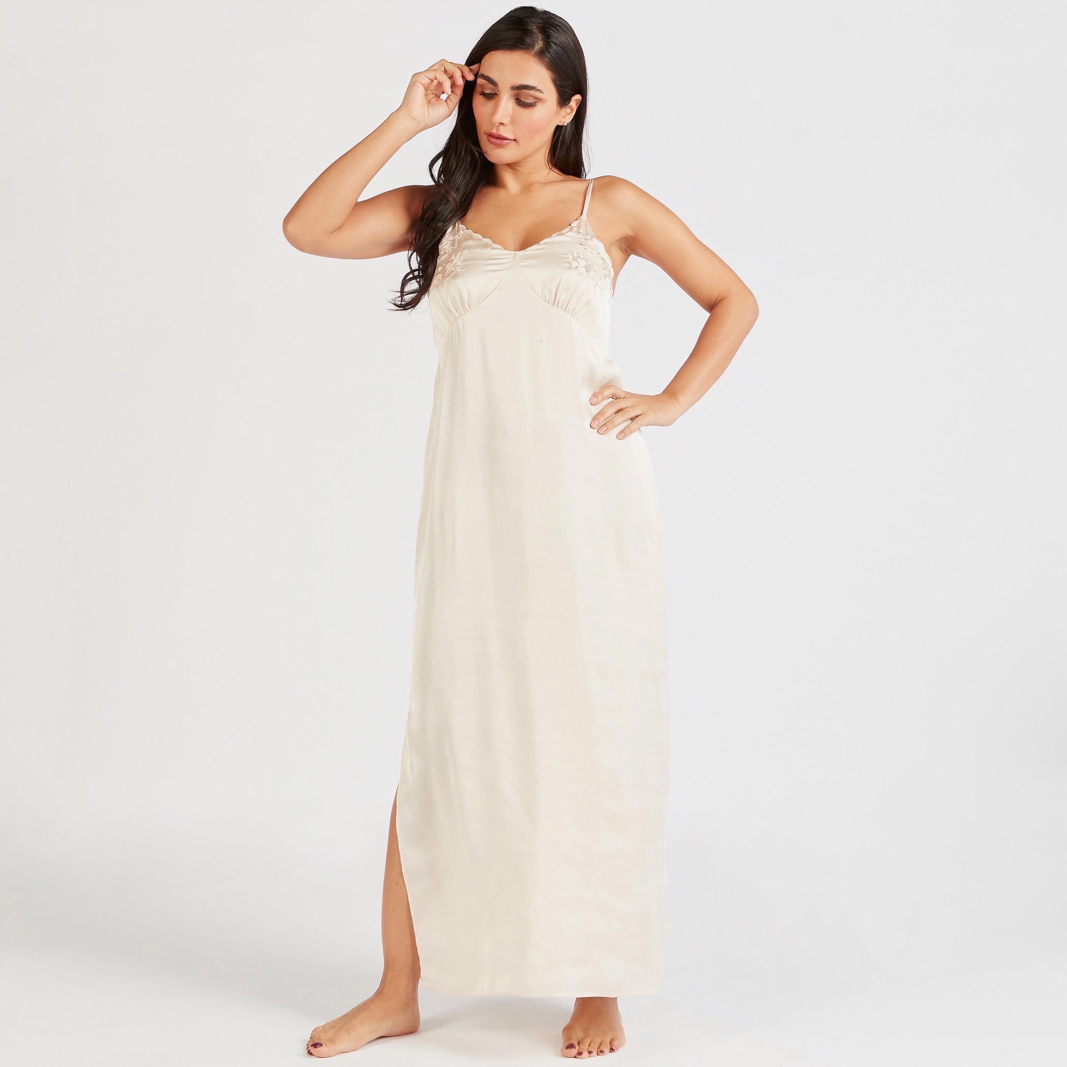 Solid V-neck Sleeveless Night Gown with Side Slits-women-clothing-nightwear-nighties-image-1