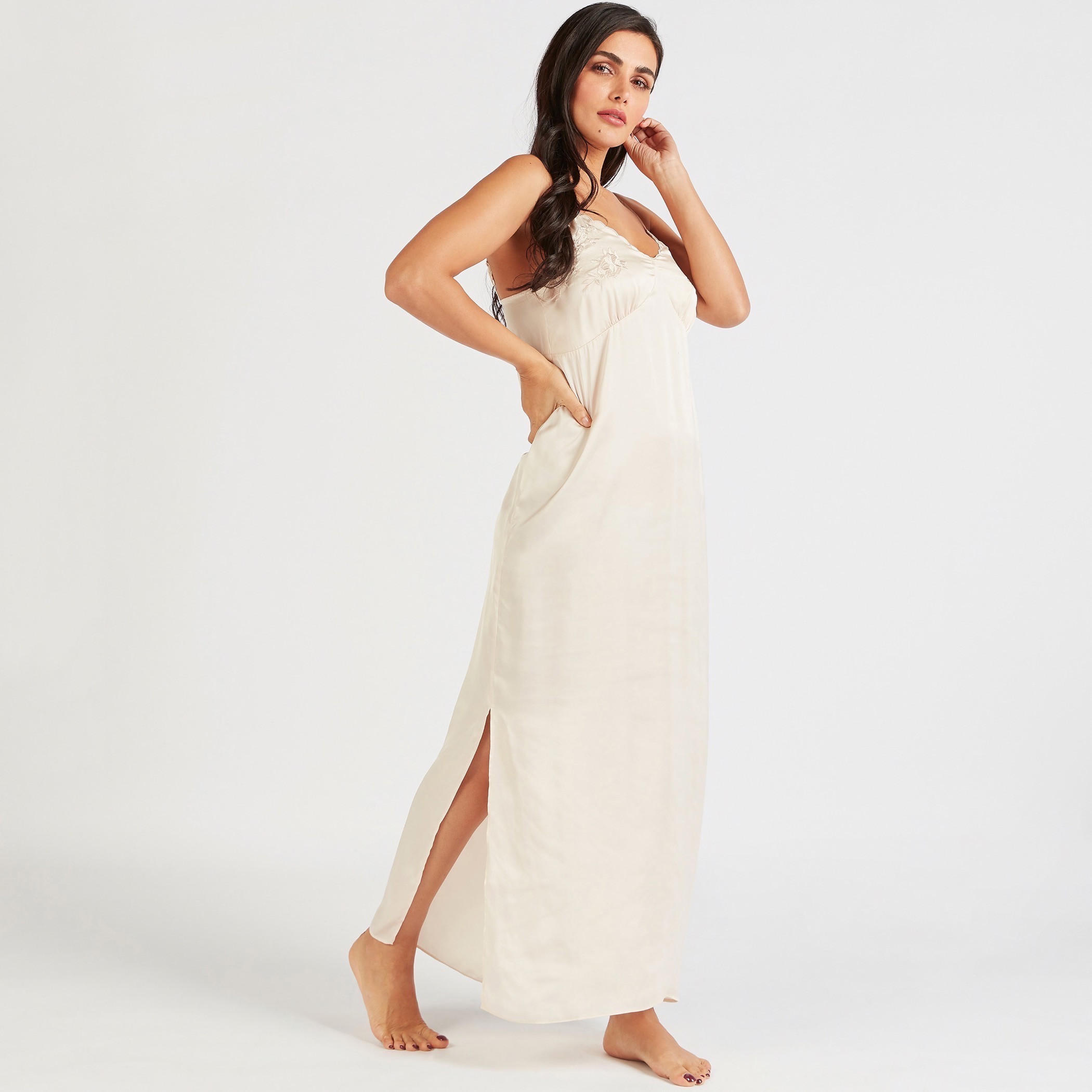 Solid V-neck Sleeveless Night Gown with Side Slits-women-clothing-nightwear-nighties-image-2