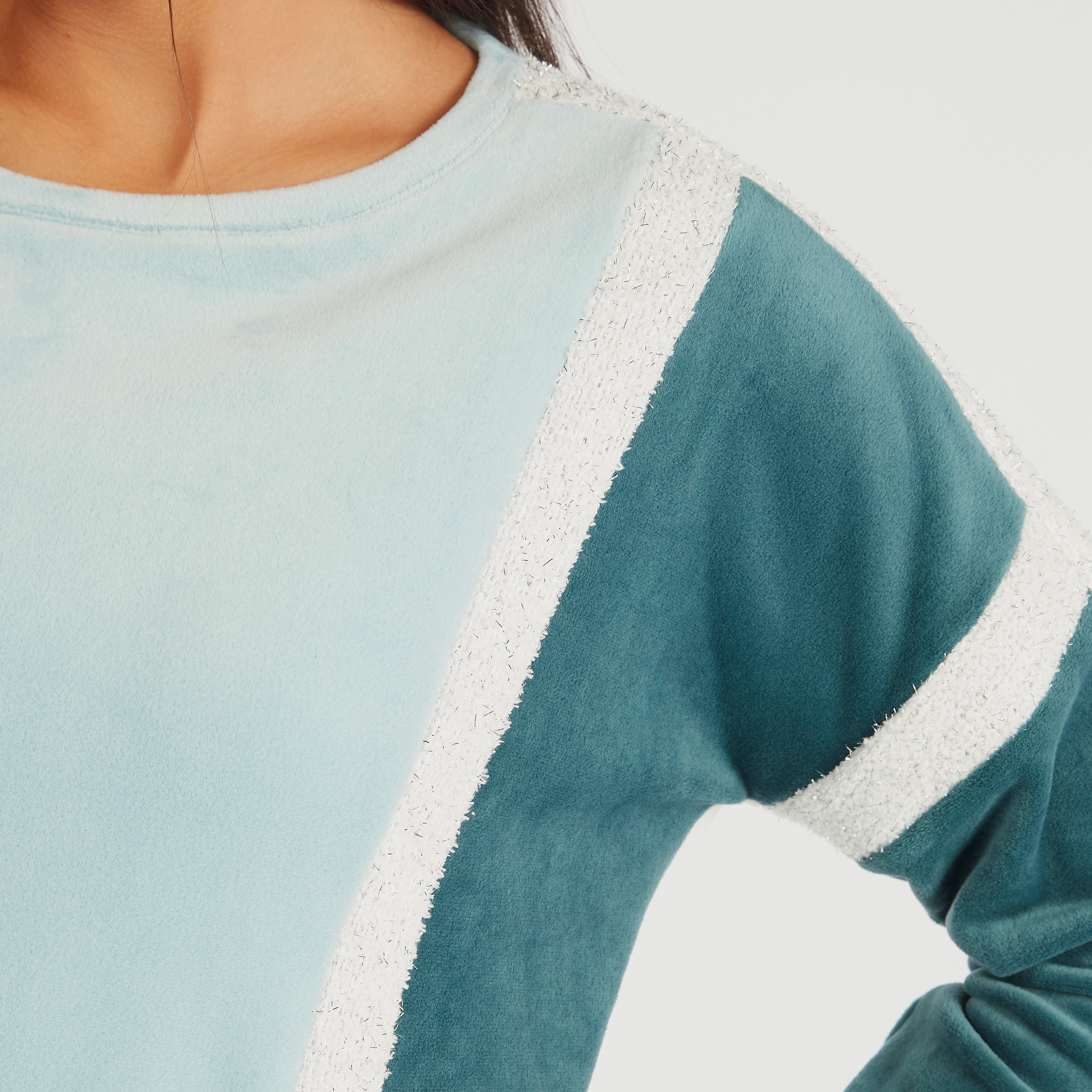 طقم بنطلون بيجاما وبلوزة بياقة مستديرة بارزة الملمس-women-clothing-nightwear-pyjamas-longsets-image-5