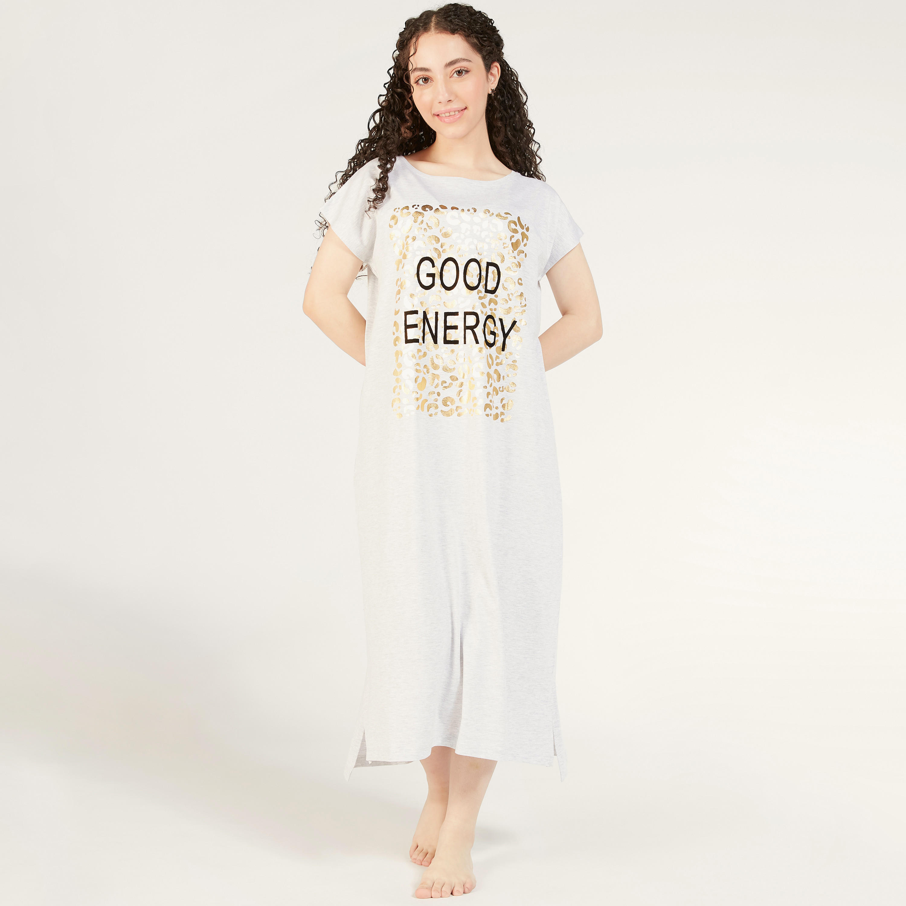 Typographic Print Round Neck Night Dress with Short Sleeves-women-clothing-nightwear-nighties-image-1