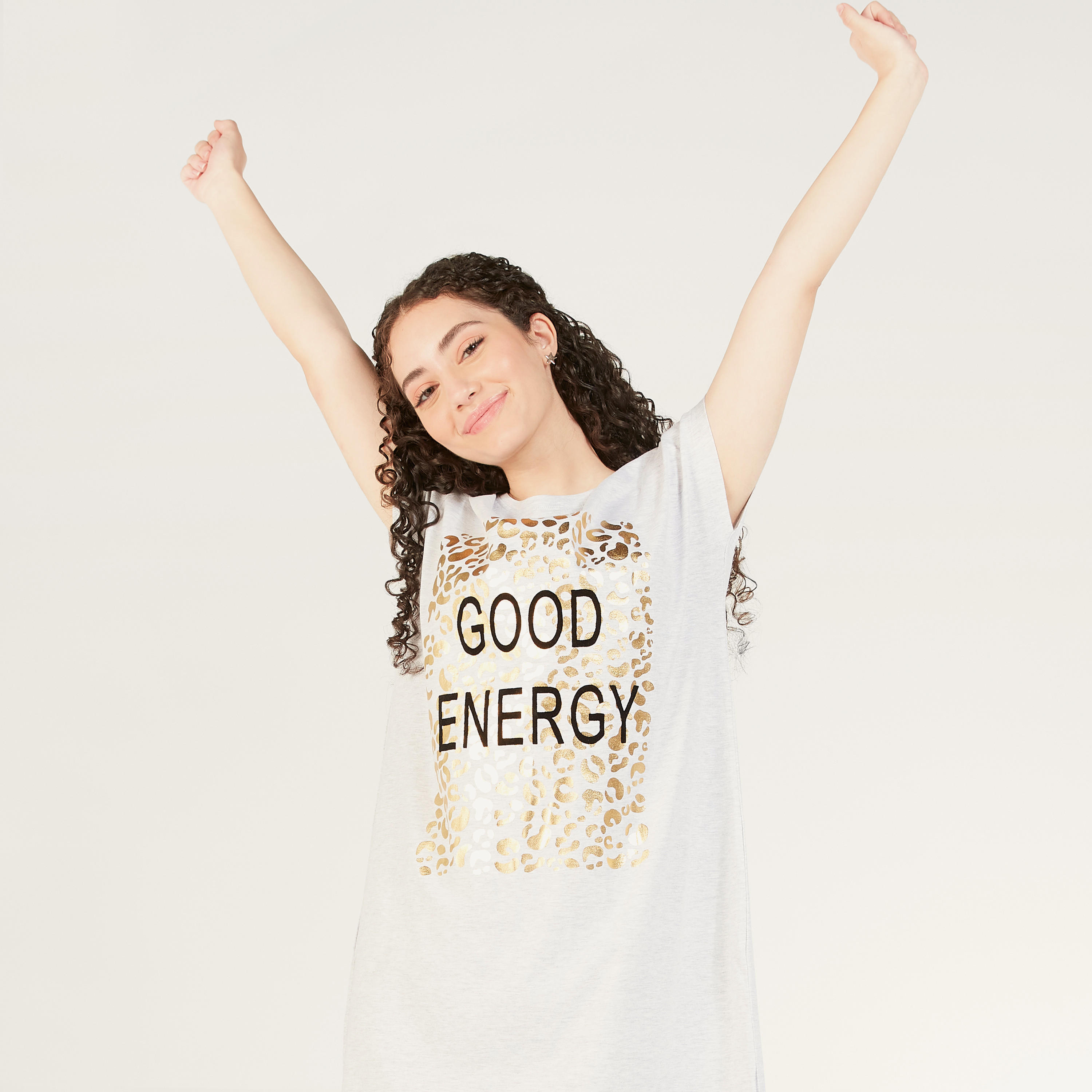 Typographic Print Round Neck Night Dress with Short Sleeves-women-clothing-nightwear-nighties-image-2