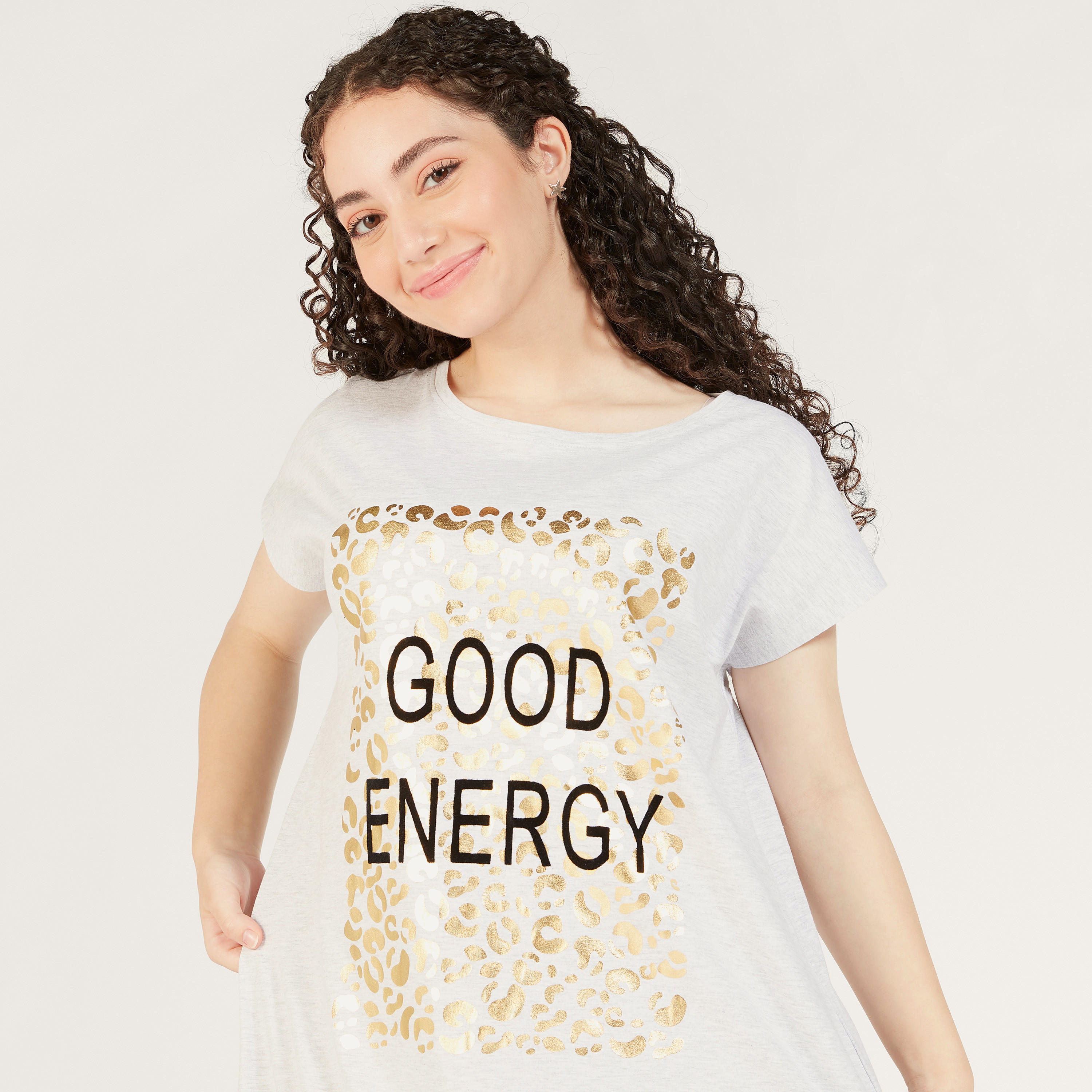 Typographic Print Round Neck Night Dress with Short Sleeves-women-clothing-nightwear-nighties-image-3