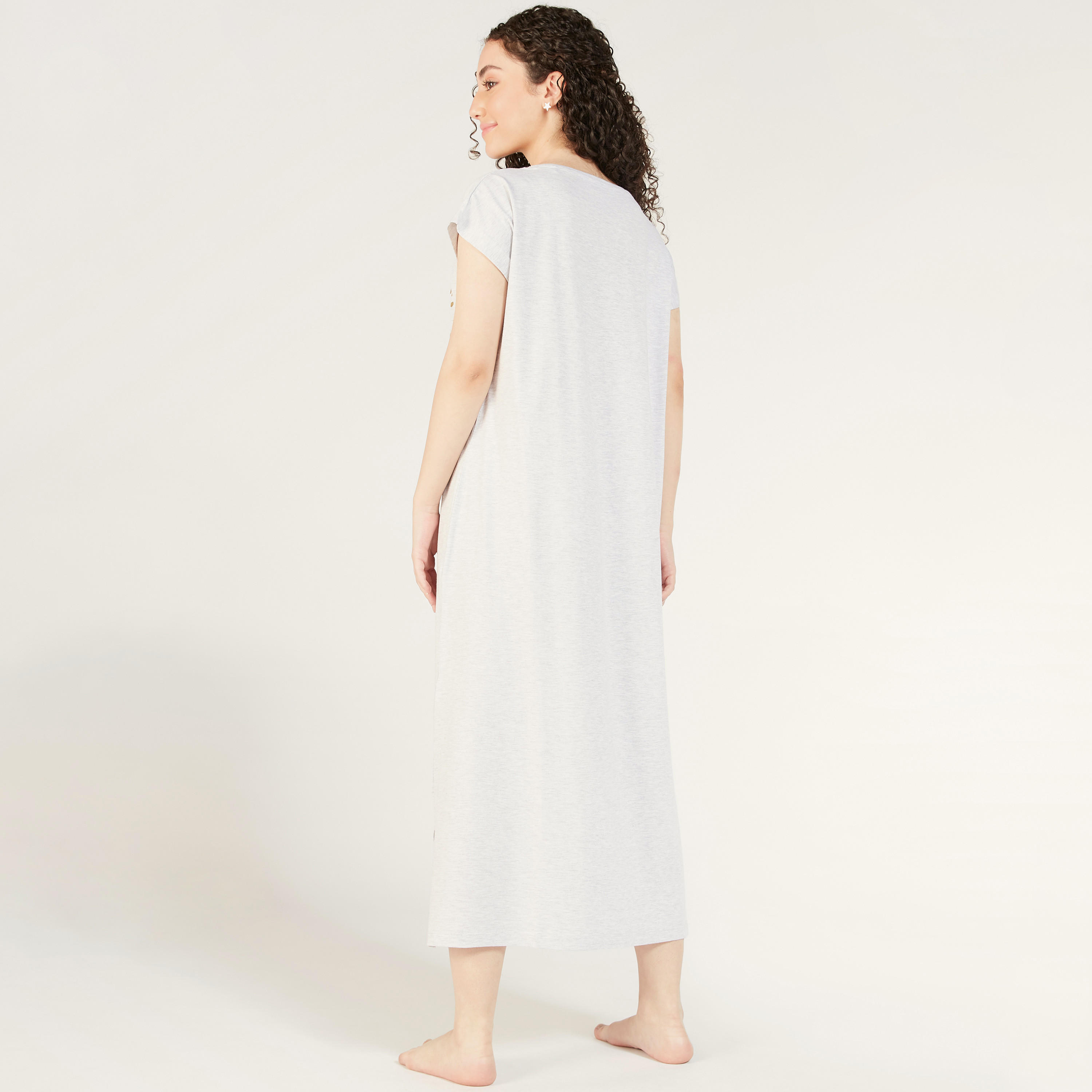 Typographic Print Round Neck Night Dress with Short Sleeves-women-clothing-nightwear-nighties-image-4