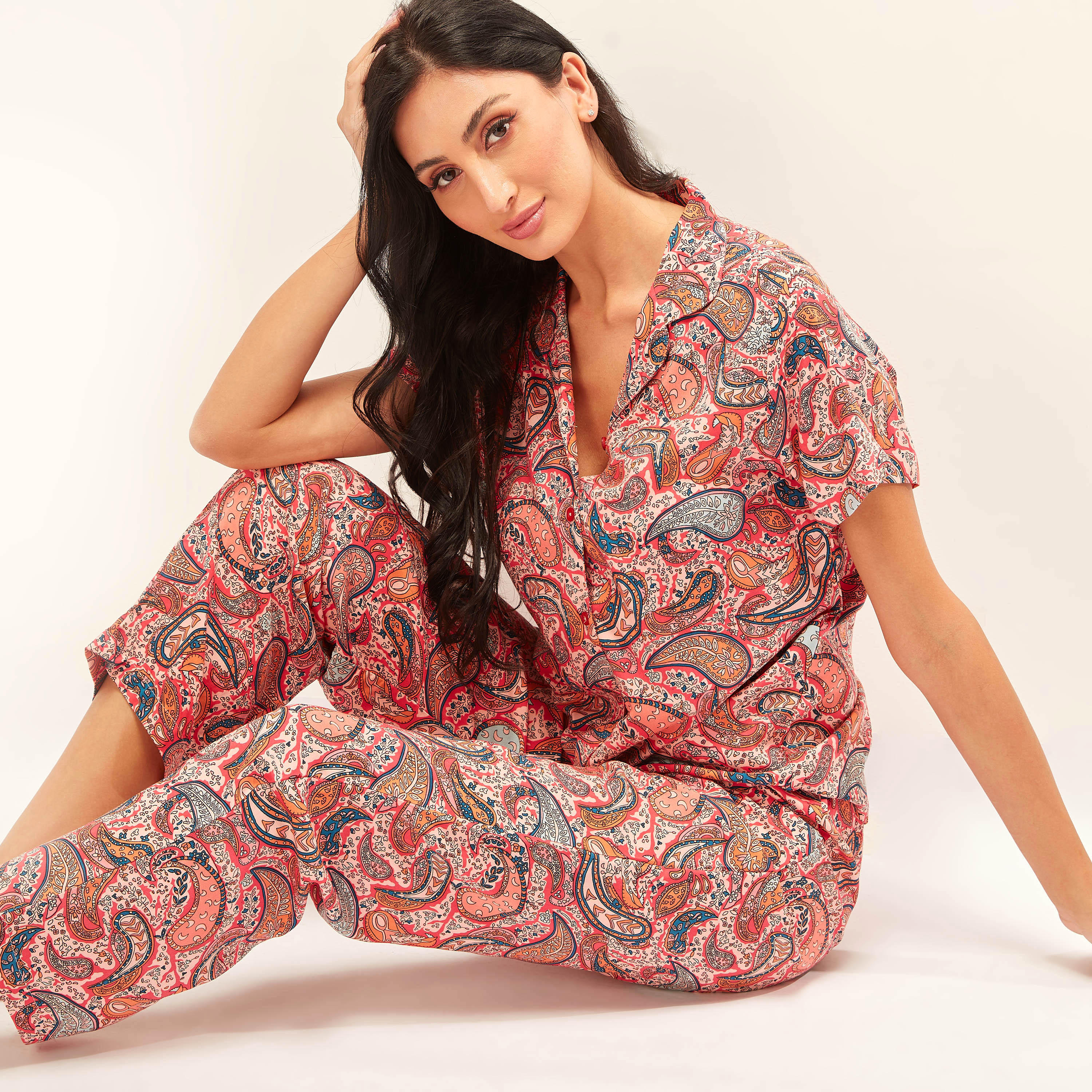 All Over Floral Print Shirt with Short Sleeves and Full Length Pyjama Set-women-clothing-nightwear-pyjamas-longsets-image-1