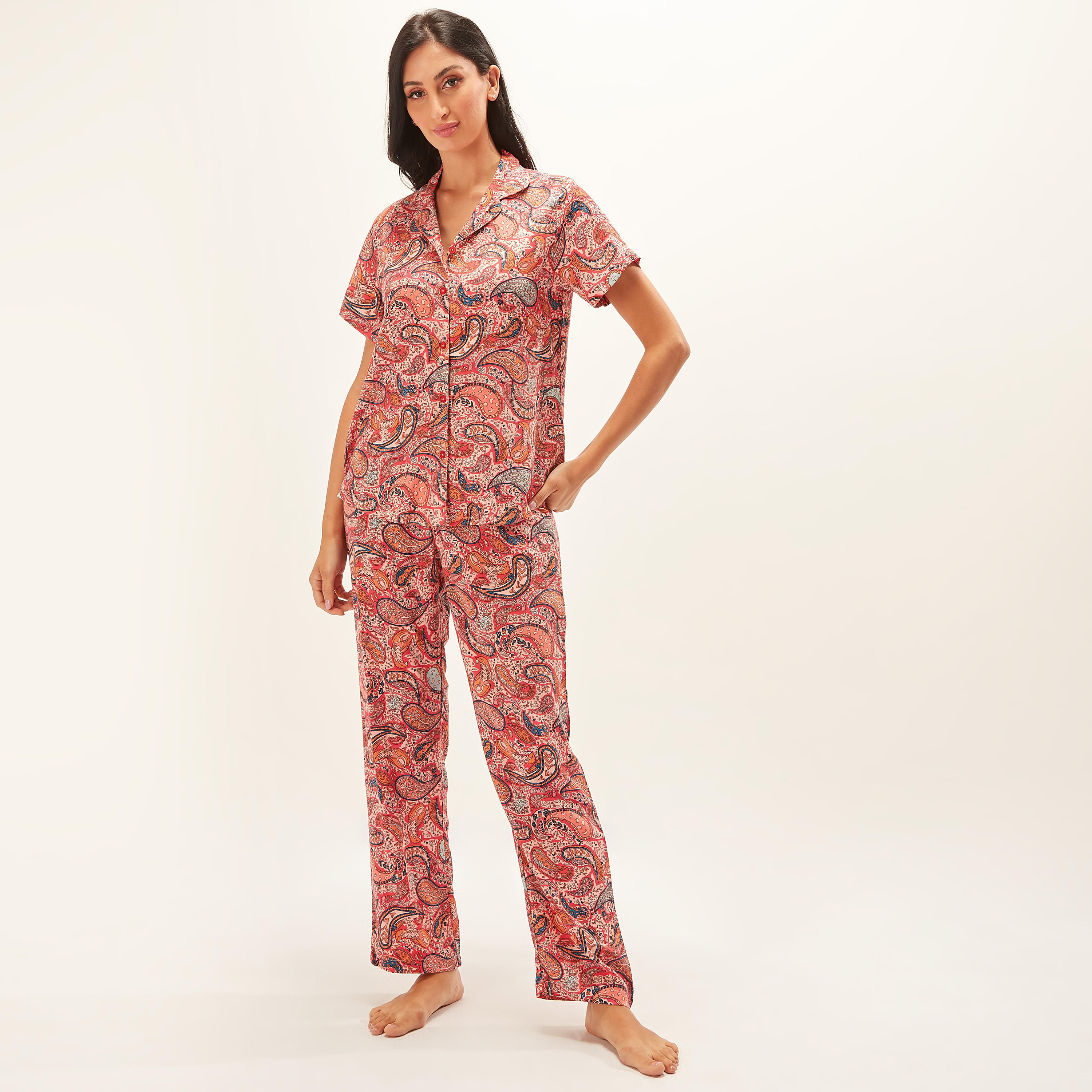 All Over Floral Print Shirt with Short Sleeves and Full Length Pyjama Set-women-clothing-nightwear-pyjamas-longsets-image-2