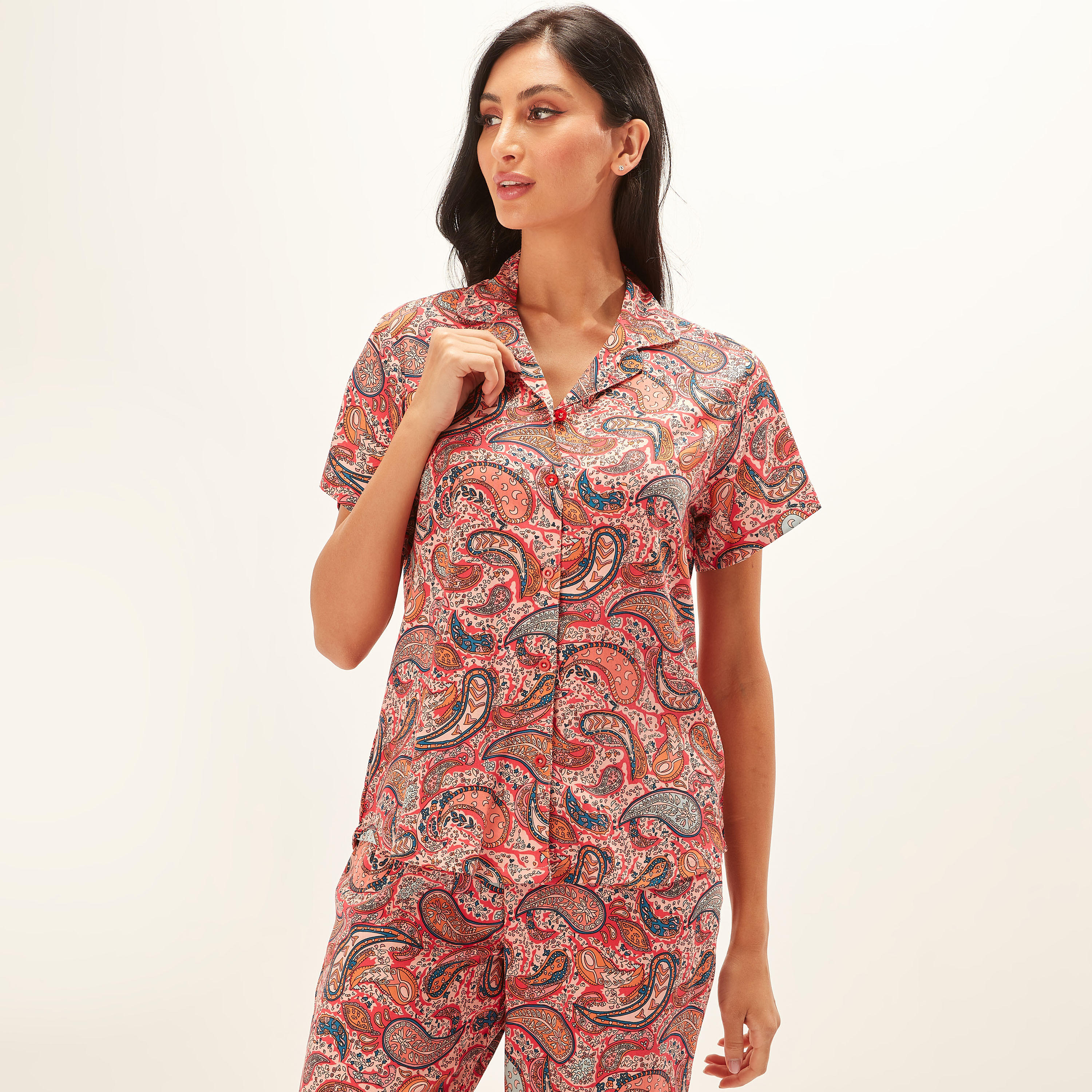 All Over Floral Print Shirt with Short Sleeves and Full Length Pyjama Set-women-clothing-nightwear-pyjamas-longsets-image-3