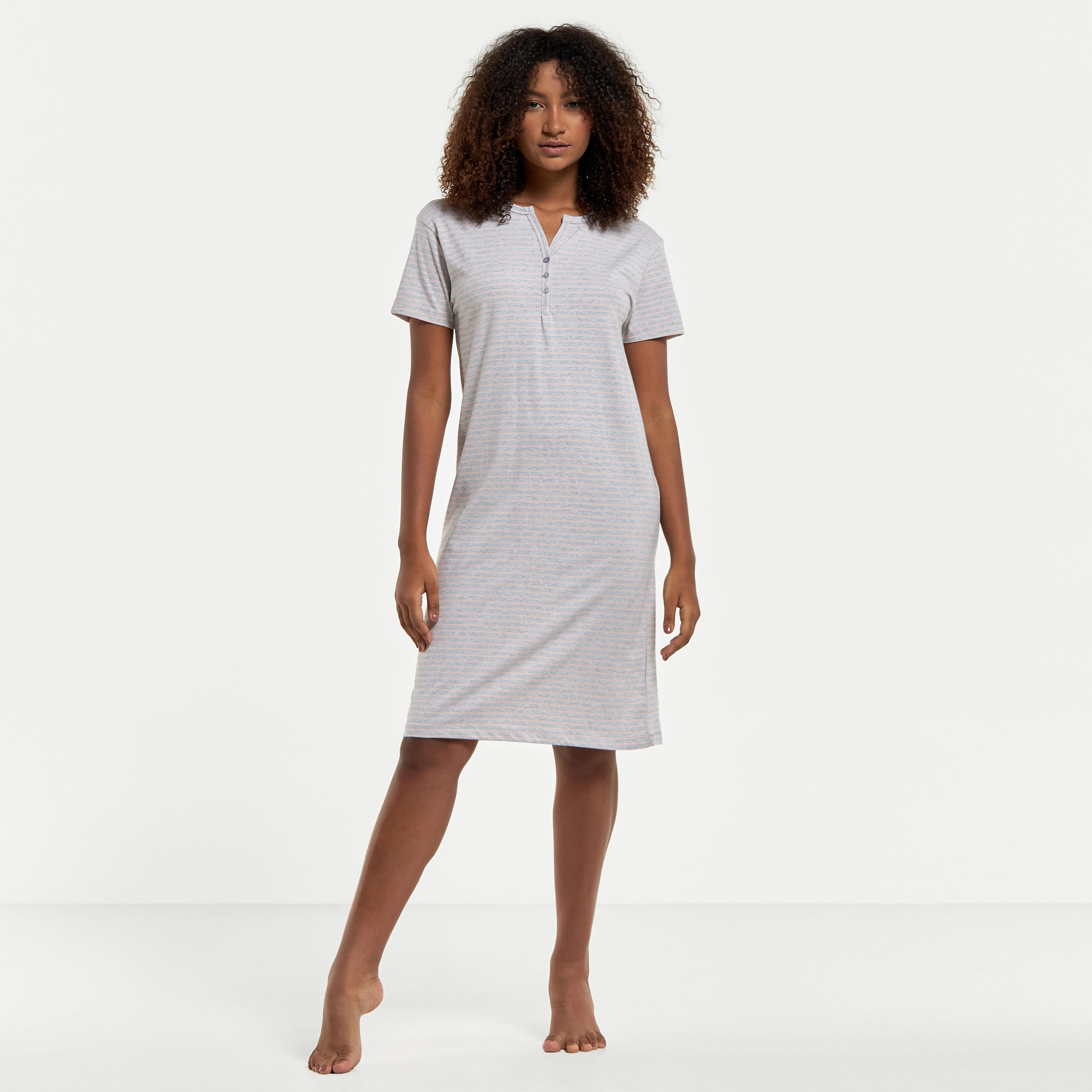 Striped Sleepshirt with Short Sleeves and Button Closure-women-clothing-nightwear-nighties-image-1