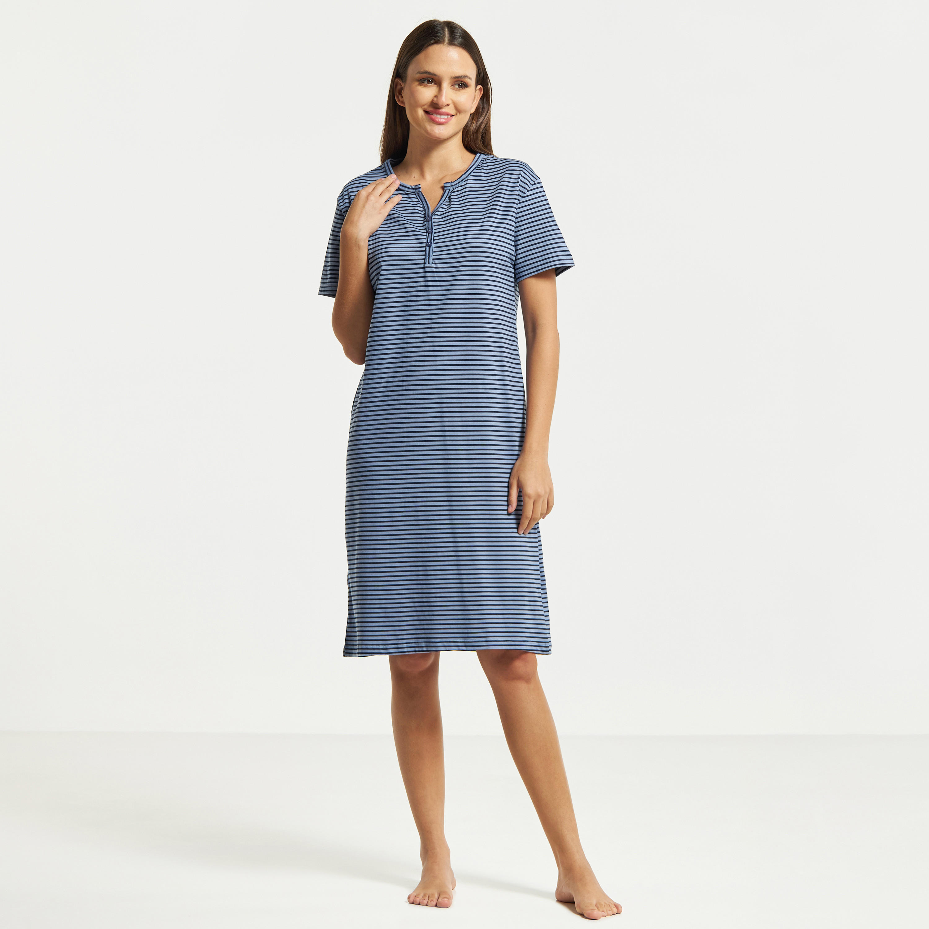 Striped Sleepshirt with Short Sleeves and Button Closure-women-clothing-nightwear-nighties-image-5
