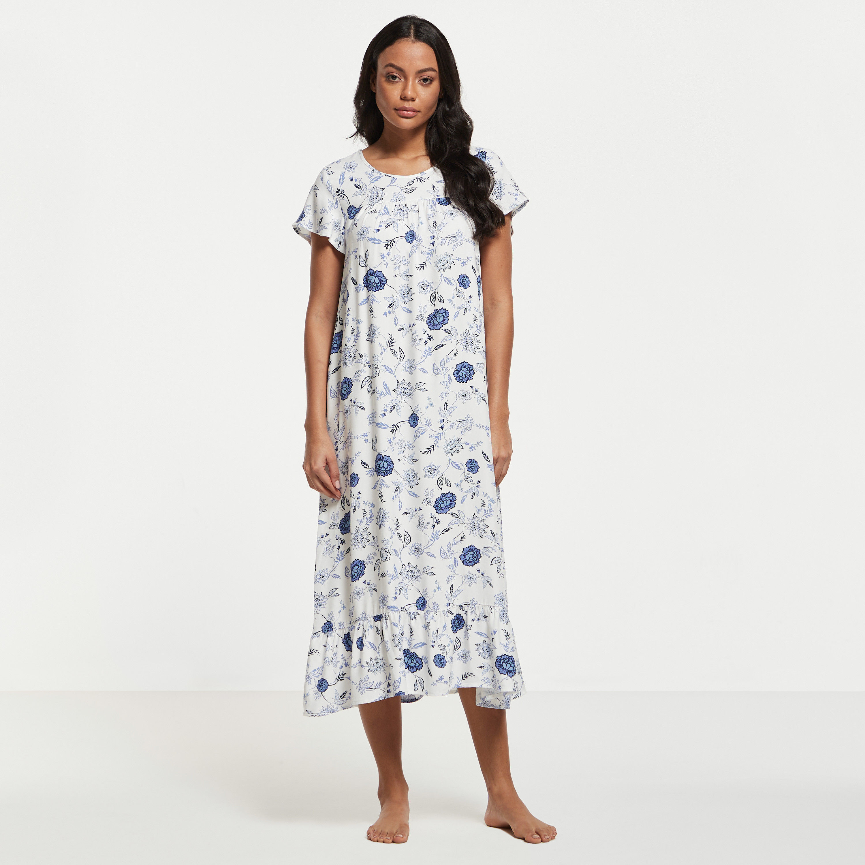 All-Over Floral Print Night Dress with Round Neck and Short Sleeves-women-clothing-nightwear-nighties-image-1