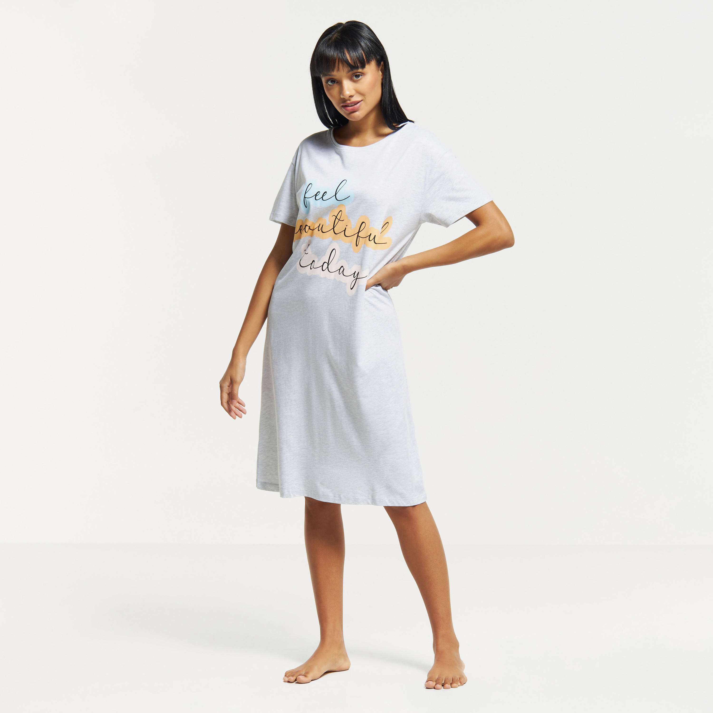 Slogan Print Sleepshirt with Short Sleeves and Round Neck-women-clothing-nightwear-nighties-image-5