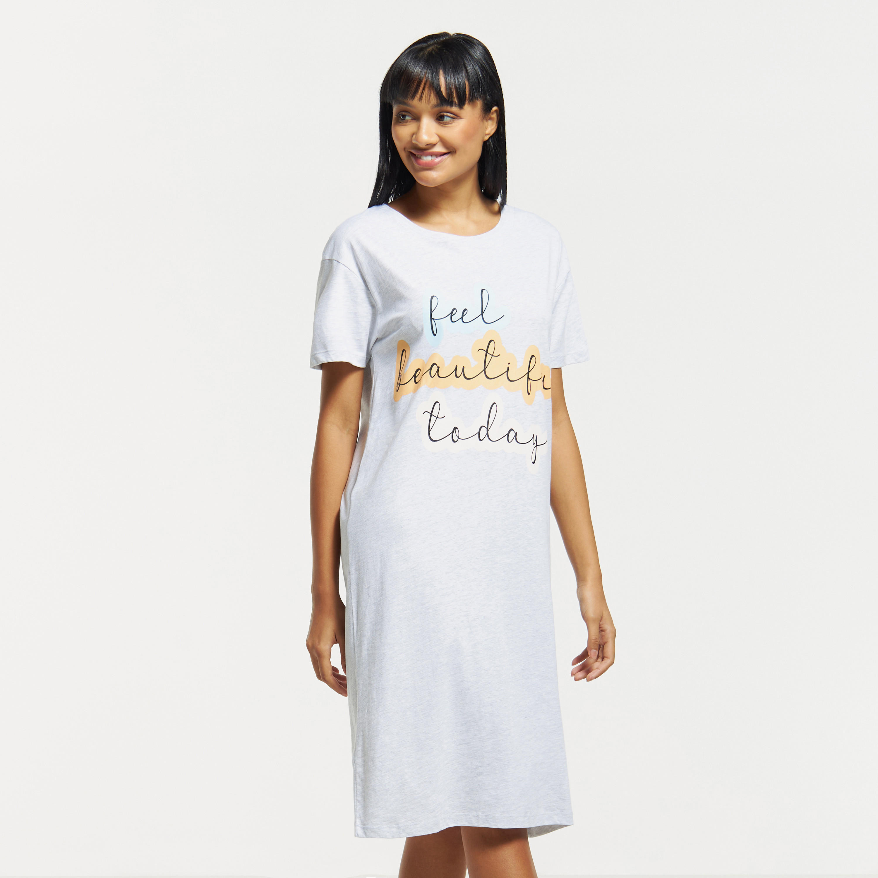 Slogan Print Sleepshirt with Short Sleeves and Round Neck-women-clothing-nightwear-nighties-image-6
