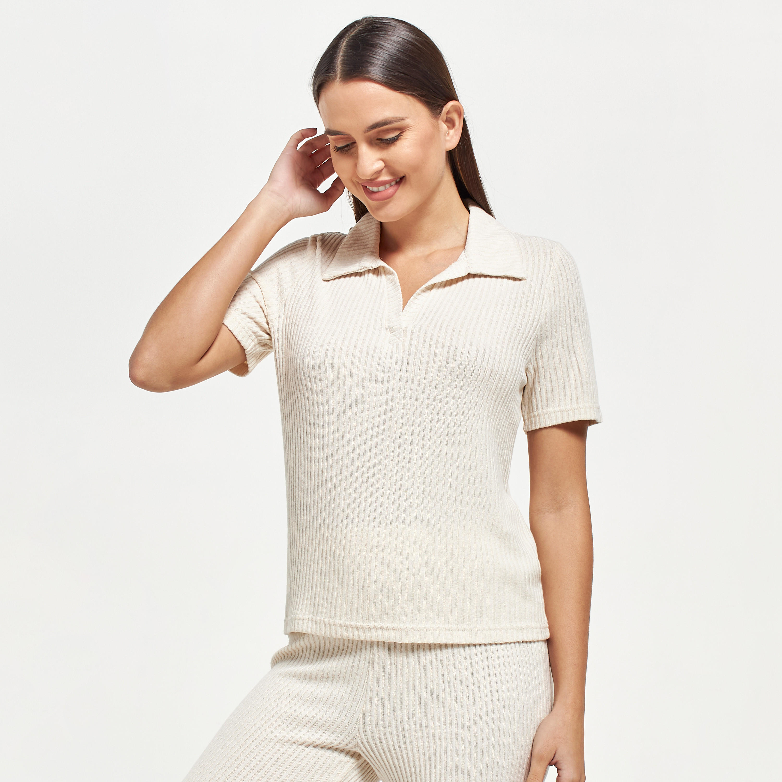 Ribbed Short Sleeve T-shirt and Full Length Pyjama Set-women-clothing-nightwear-pyjamas-longsets-image-2