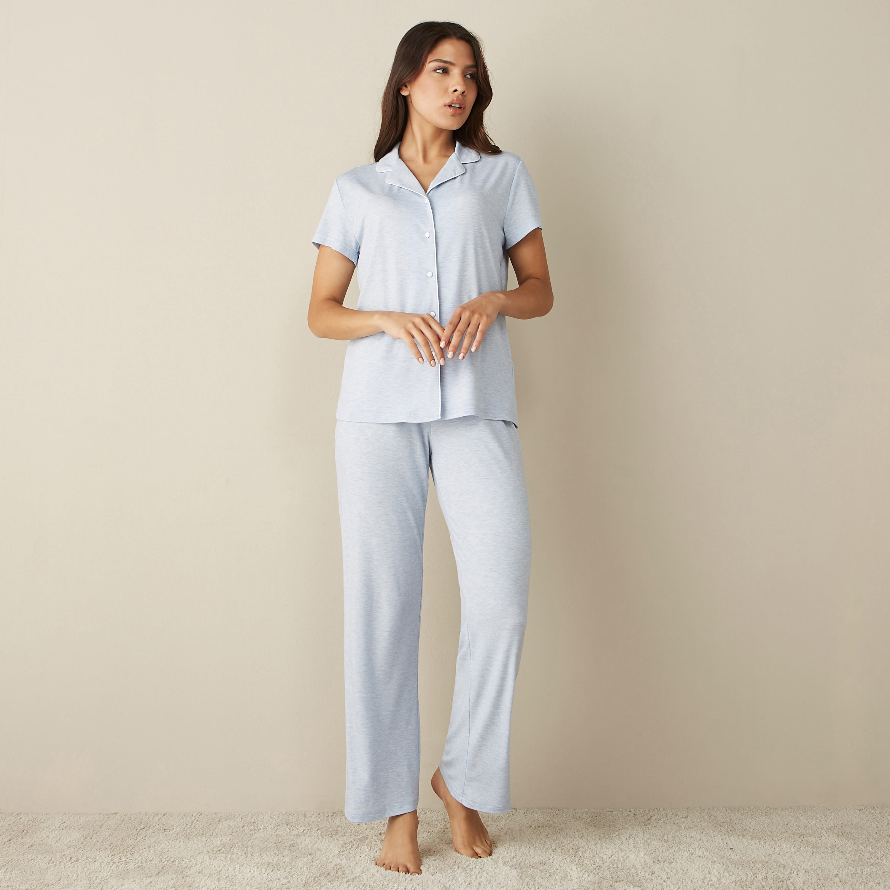 Solid Camp Collar Shirt and Pyjama Set-women-clothing-nightwear-pyjamas-longsets-image-1