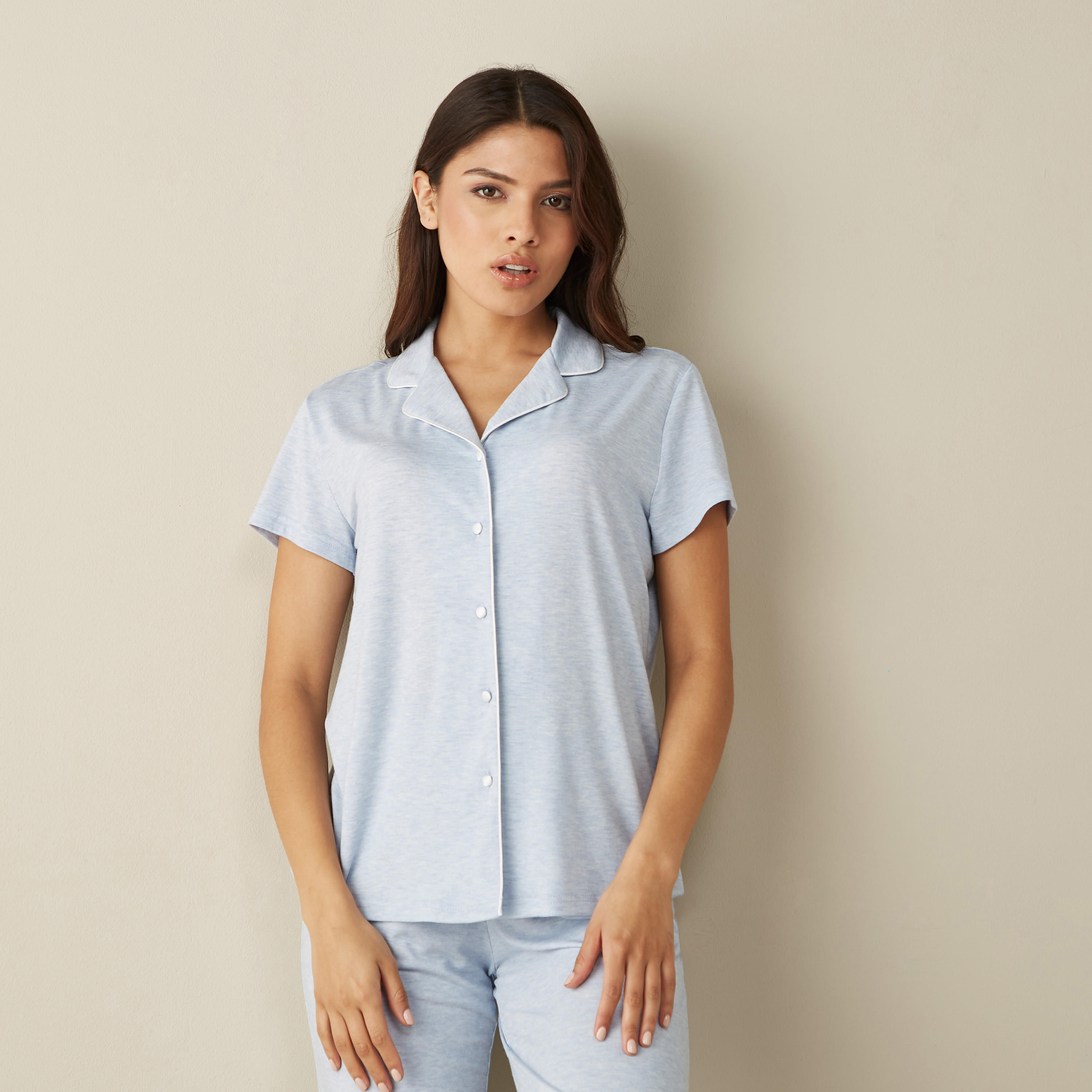 Solid Camp Collar Shirt and Pyjama Set-women-clothing-nightwear-pyjamas-longsets-image-2