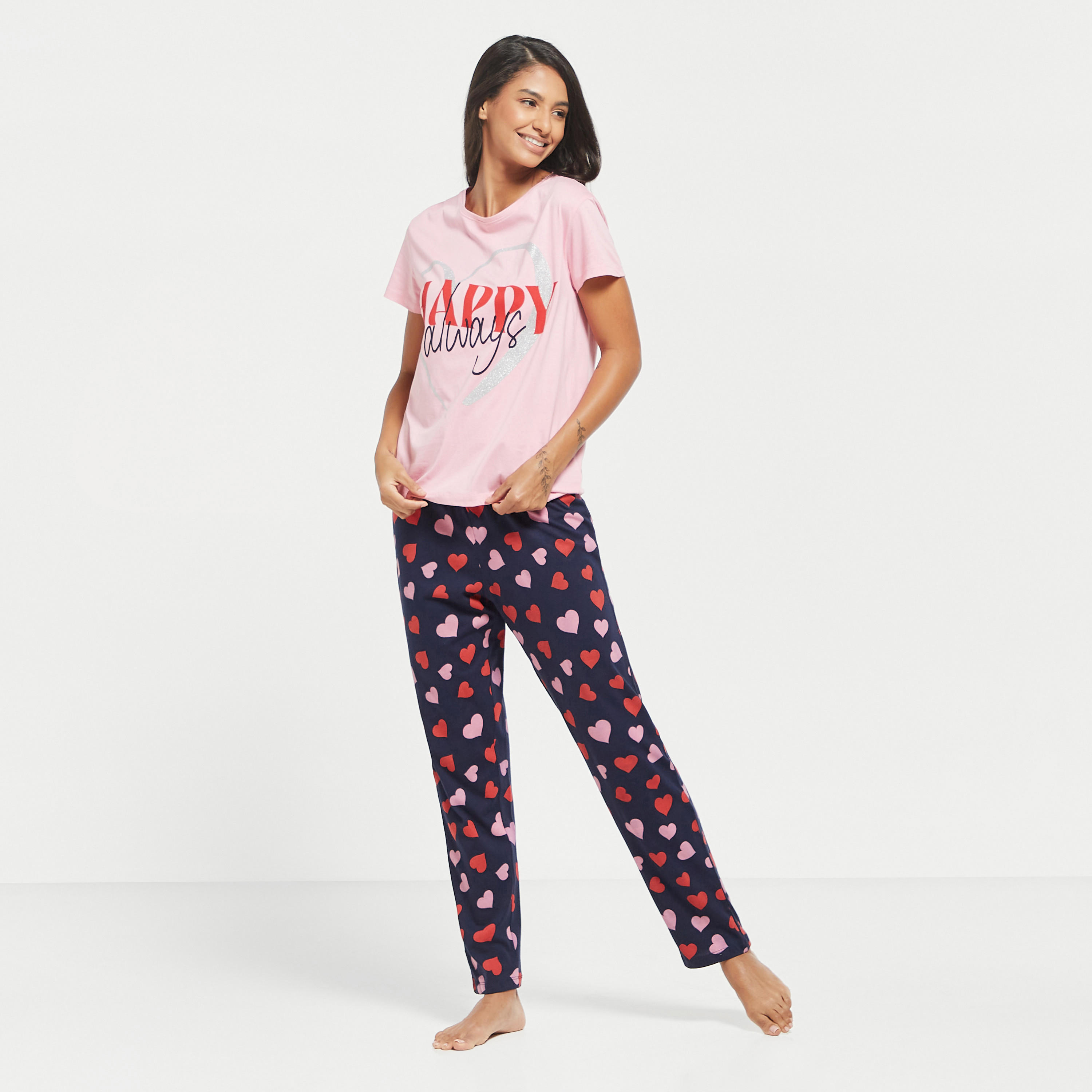 Printed Short Sleeves T-shirt and Pyjama Set-women-clothing-nightwear-pyjamas-longsets-image-1