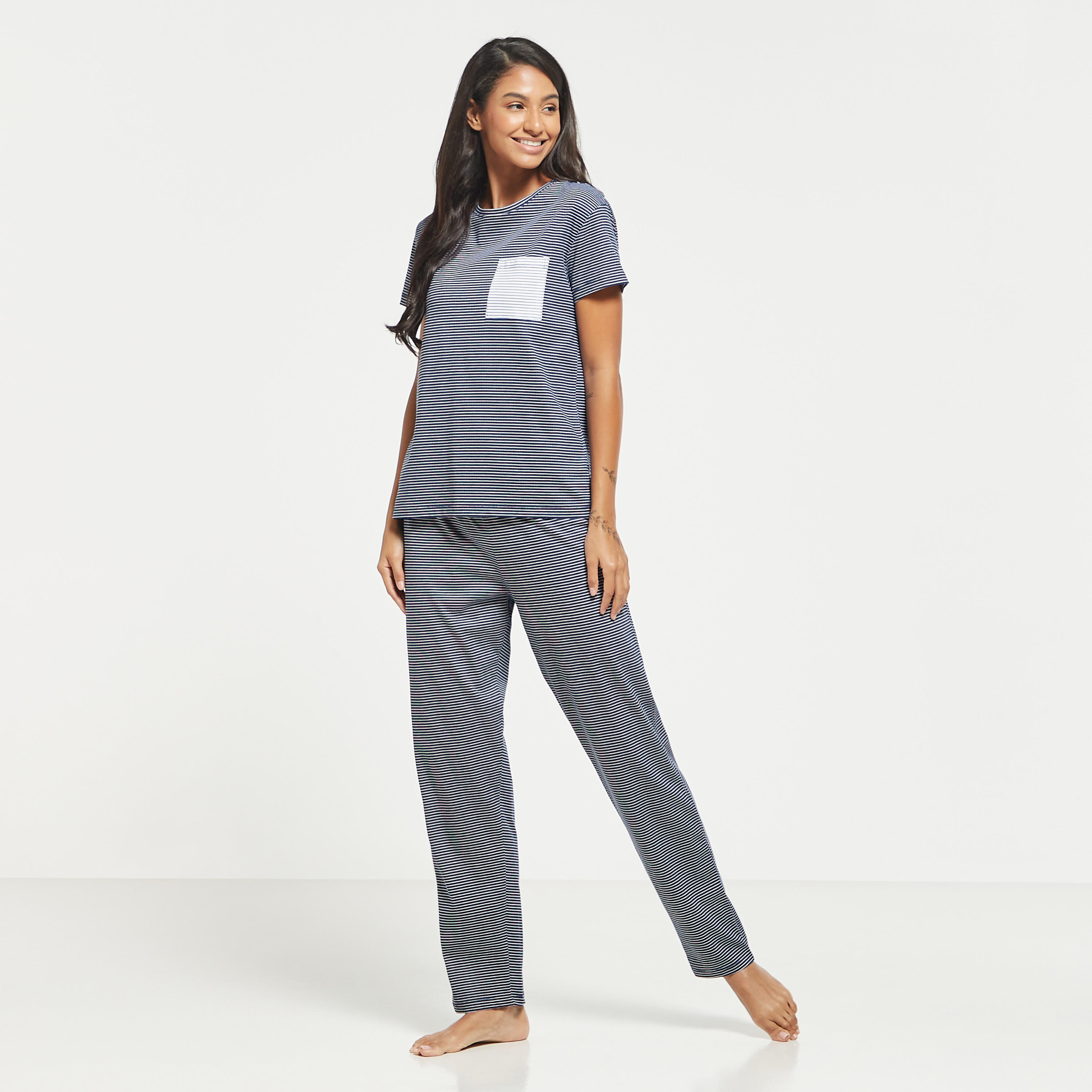 Striped Short Sleeves T-shirt and Pyjama Set-women-clothing-nightwear-pyjamas-longsets-image-1
